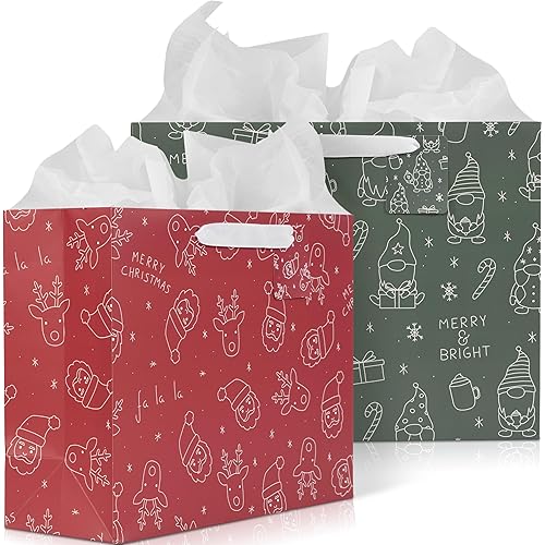 ZICOTO Beautiful Christmas Gift Bags - Large 13" Bags with Handles incl. Matching Tissue Paper, Cards & Stickers - Reusable and Perfect For Your Xmas Presents
