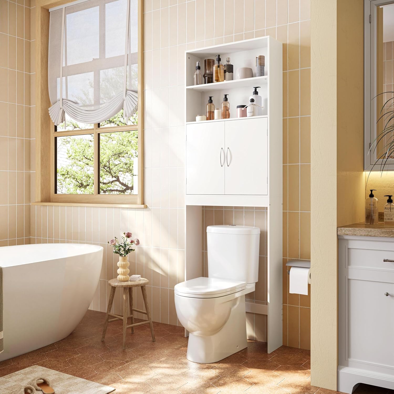 Yaheetech Over The Toilet Storage, Taller Bathroom Organizer Space-Saving Storage Cabinet with Adjustable Shelves and Double Doors, 77 in H, White