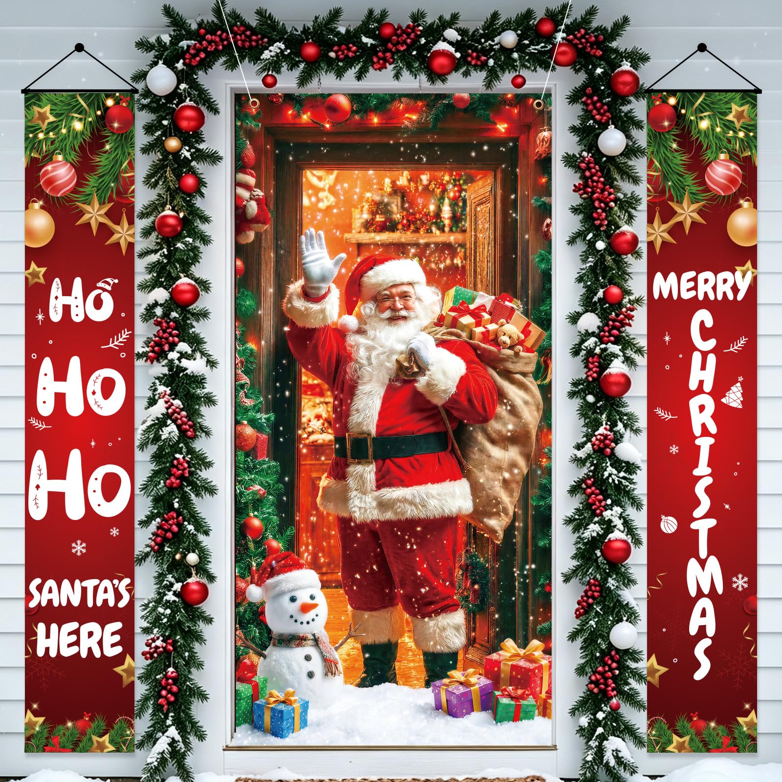 Christmas Santa Claus Door Cover Set Xmas Front Porch Hanging Banner 3pcs