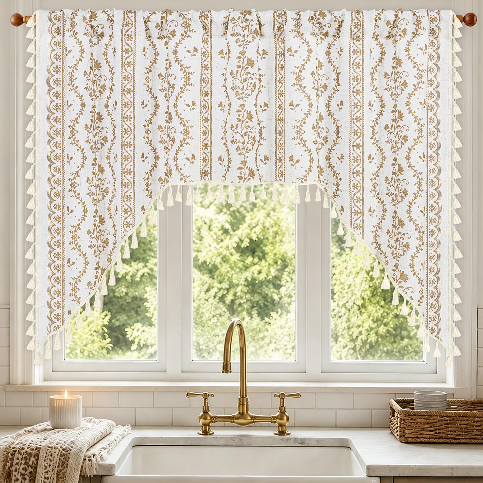 Yinhua Boho Swag Valance Curtains Vintage Linen Valances for Windows Light Filtering Floral Kitchen Valance Rod Pocket Rustic Tassel Window Valances for Bathroom Cafe, 60" W x 36" L, White Beige