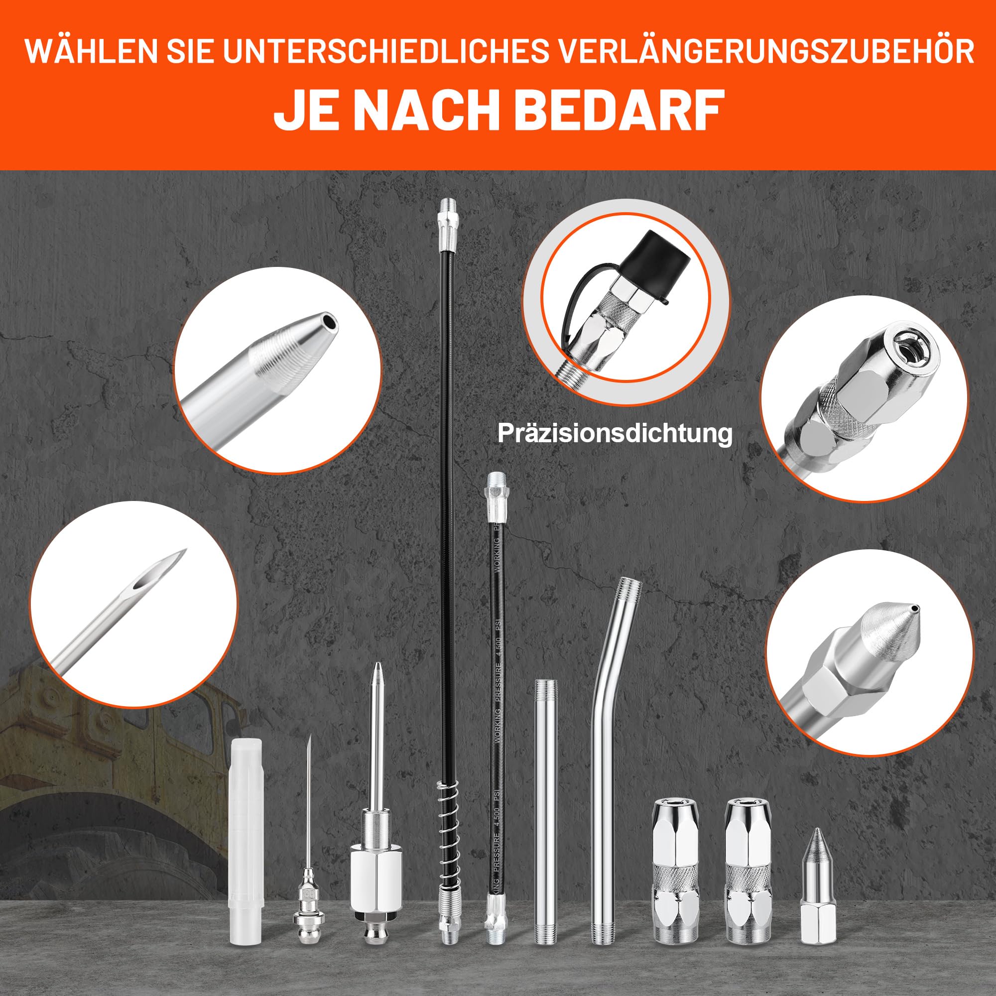 ValueMax Fettpresse 6000 PSI, Hochdruck-Handfettpresse mit 24/45 cm flexiblem Schlauch, Fettpresse für 400 ml Kartusche, inklusive 2 Metallrohre (11/14,5 cm) und 5 Düsen