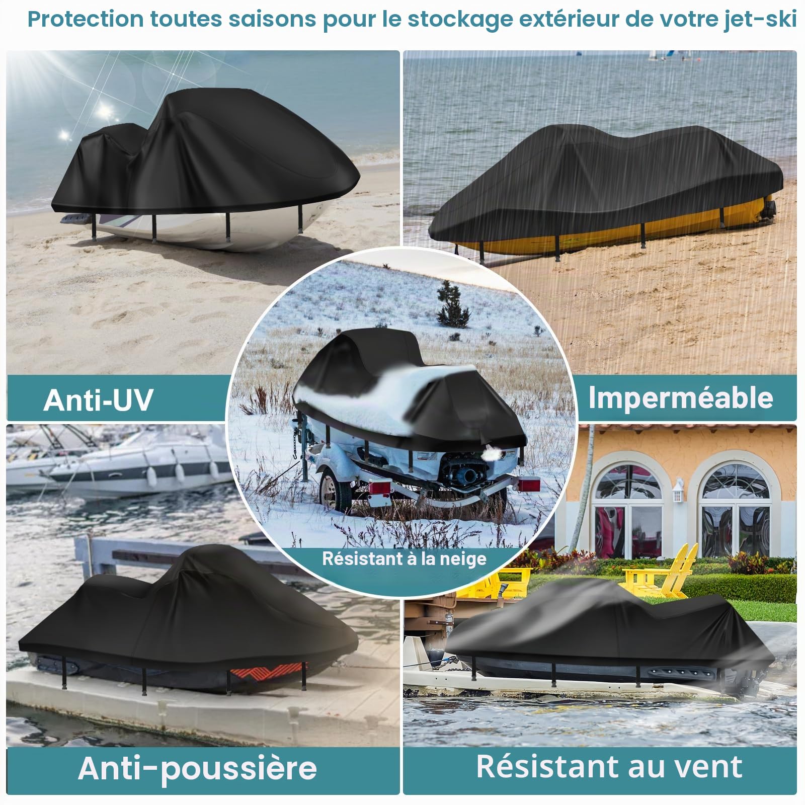 Bache Jet Ski 420D Durable et imperméable, Housse Waverunner 3 Places avec 2 aérations, 4 Boucles Coupe-Vent, Housse Universelle Toutes Saisons pour Seadoo (Noir,XXL : 345-368 cm)