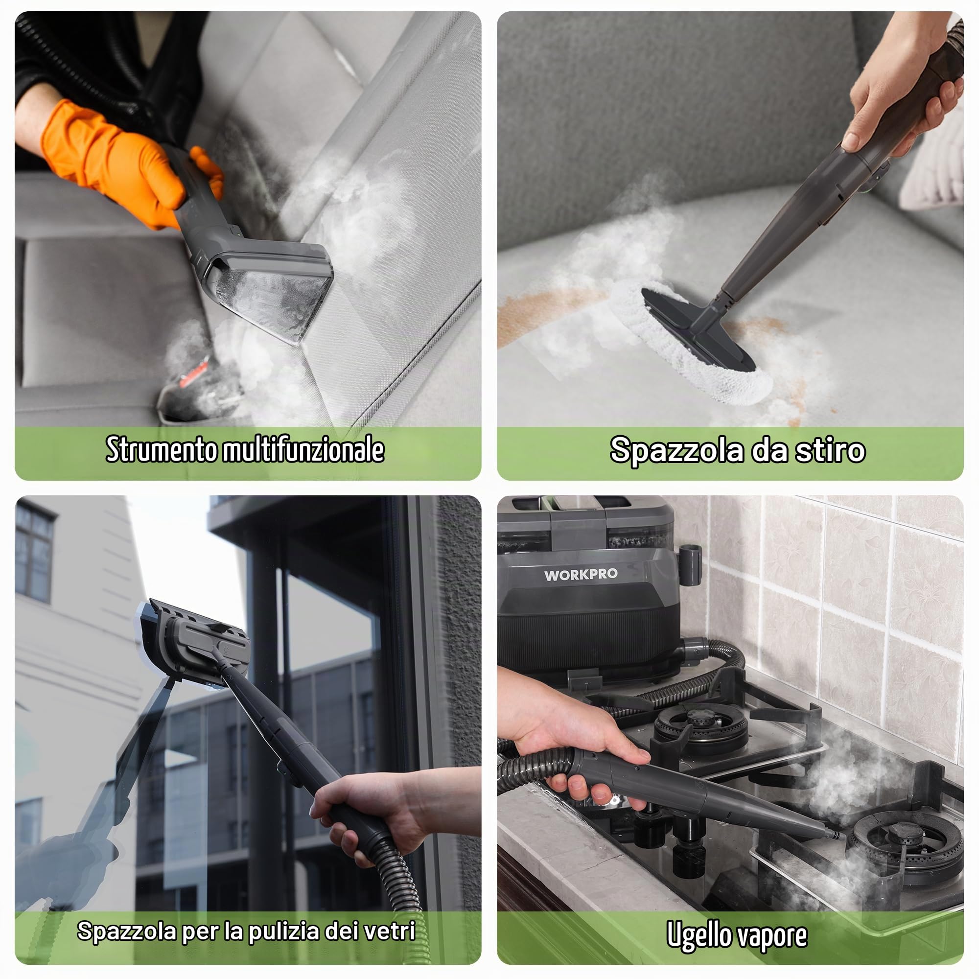 WORKPRO Aspirapolvere Lavatapetti e Lavatappezzeria, 16 kPa Pulitore a Vapore per Divani, 4 Modalità di Pulizia, Accessori Multipli, Pulitore Portatile per Macchie di Animali, Divano, Auto, Tappeto