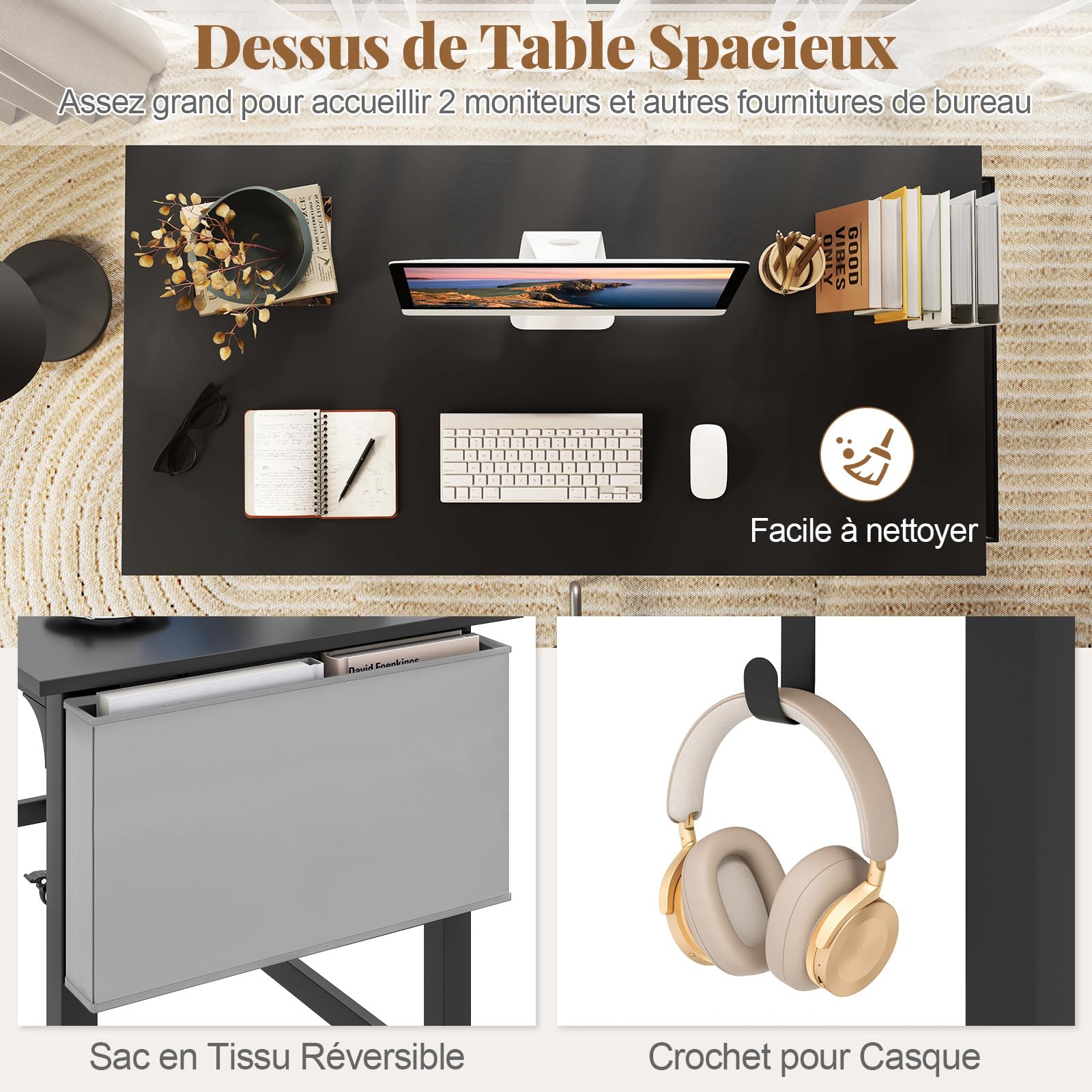 COSTWAY Bureau Ordinateur Roulant 120 Cm – Table Mobile Avec Sac Détachable, Crochets, Cadre Métal, Idéal Home Office Naturel