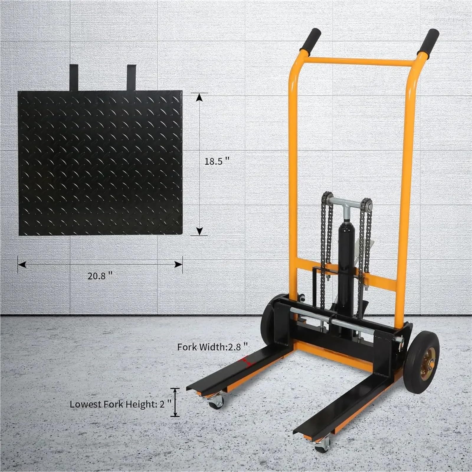 Transpallet manuale per impieghi gravosi, capacità 200 kg, con verricello e volanti, altezza di sollevamento 89,9 cm per magazzini, industriali e logistici