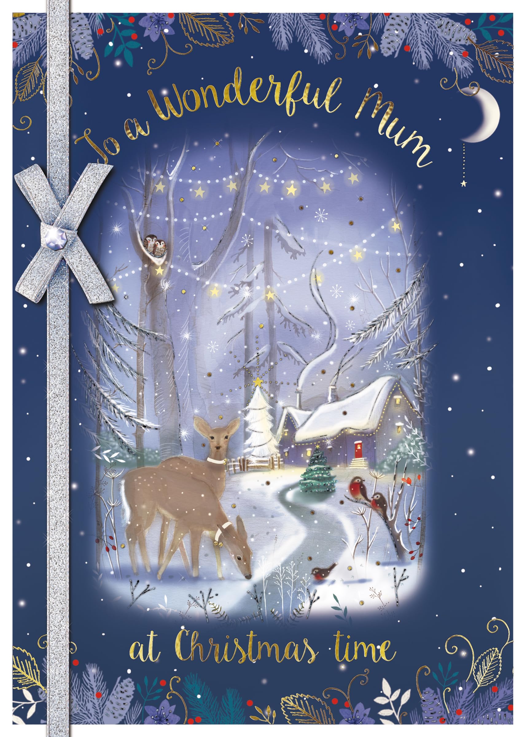 GBCC Christmas Card for Mum - Snowy Cottage with Deer and Robins - Foil Finish - Festive Christmas Greeting Card for a Wonderful Mum