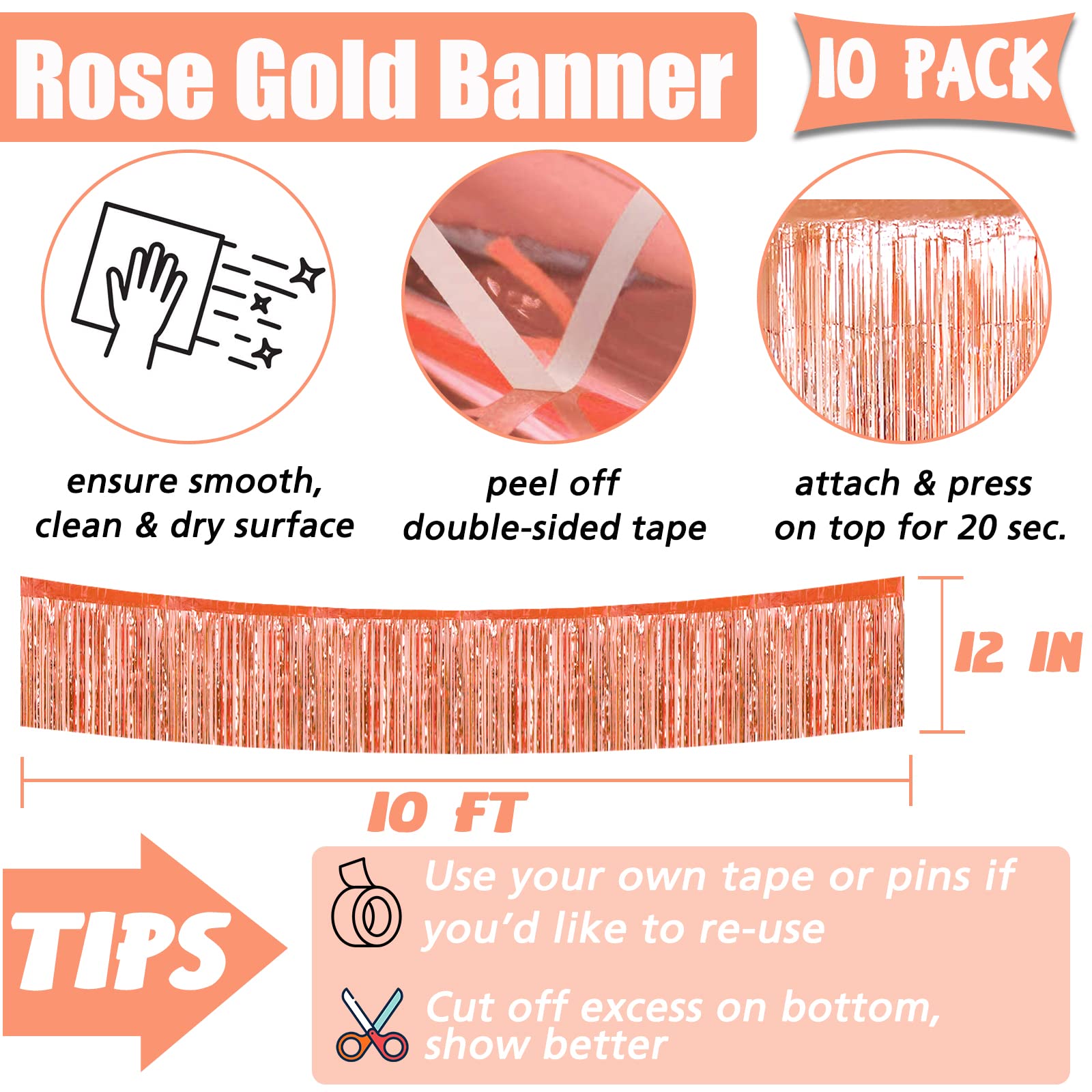 10 Stück 3 m Folien-Fransen-Girlande, metallische Quasten-Banner, Wandbehang, Lametta, Luftschlangen, Hintergrund für Parade, Schwimmer, Halloween, Weihnachtsfeier-Dekorationen (Roségold)