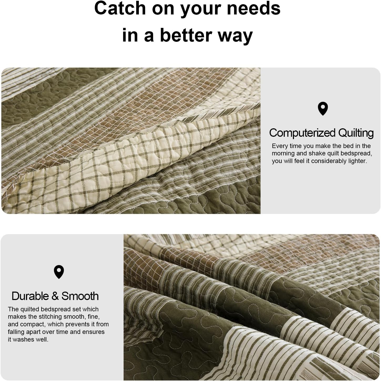 PANGUSHAN 100% Cotton Quilt Set King Size, Patchwork King Quilt Bedding Set Bedspreads, Farmhouse Lightweight Comforter Reversible Quilt, King Bed Spread for All Season, Green/Brown/Cream - Image 7