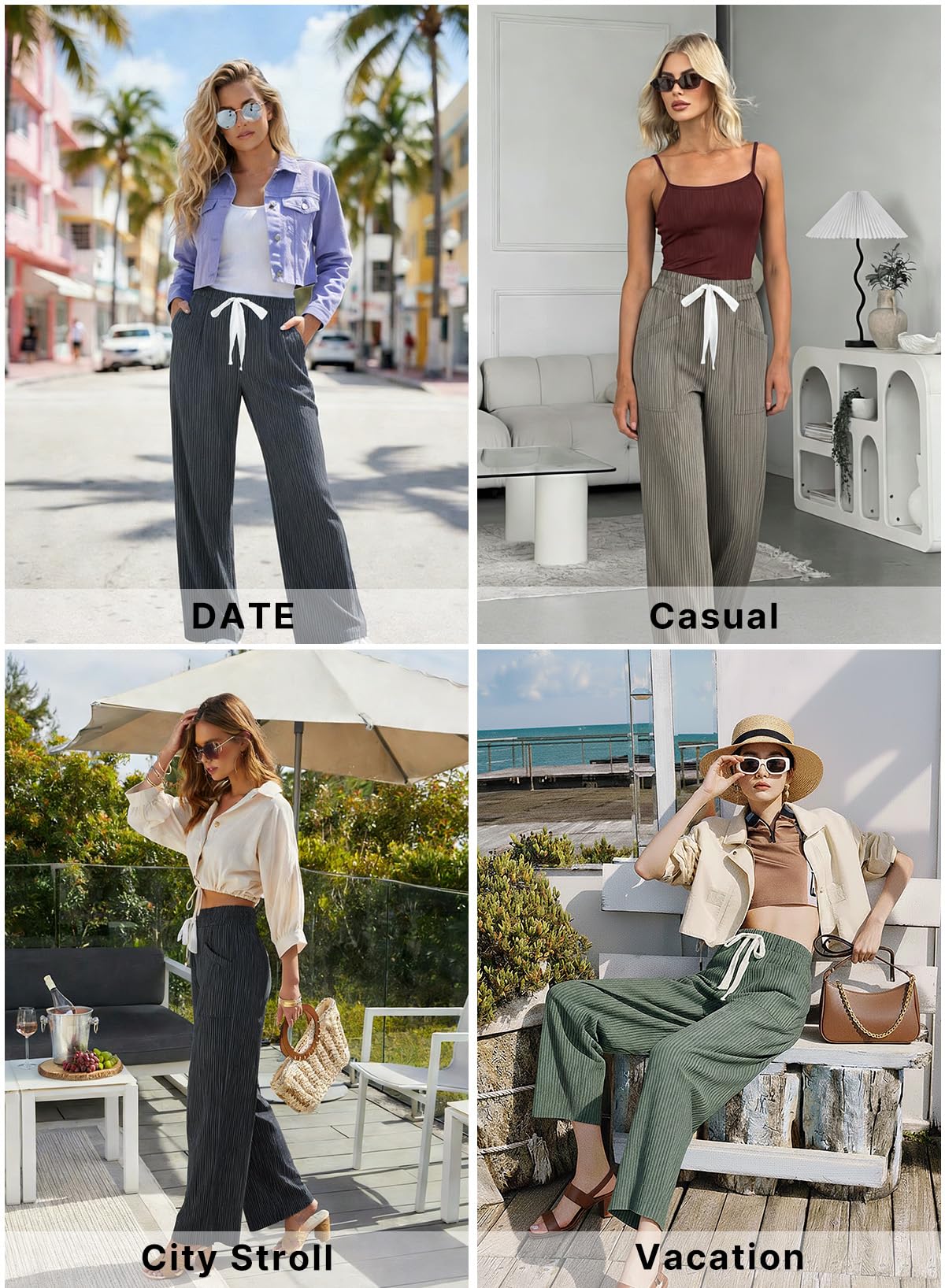 Acelitt Women Elastic Waist High Striped Pants, S-XXL