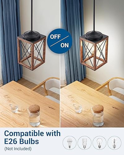 Miniatura 6 de DEWENWILS Lámpara colgante de granja, lámpara colgante de metal con acabado de grano de madera, tubos ajustables de 48 pulgadas para techo plano y