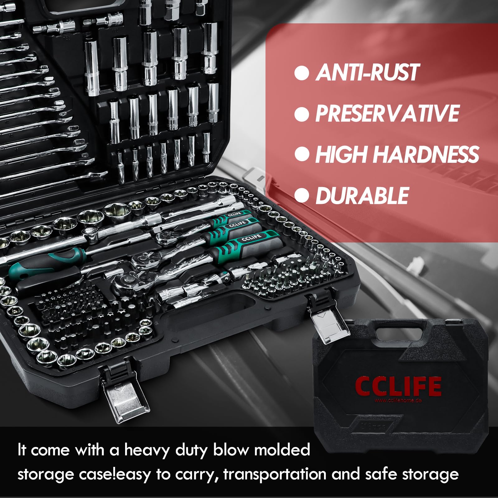 CCLIFE 218 Pezzi Set di Chiavi a Bussola Cr-V con Cricchetto 72 Denti, Bussole und Ed Inserti, Maniglia Girevole, Barra di Prolunga, Kit di Attrezzi Meccanici per Auto