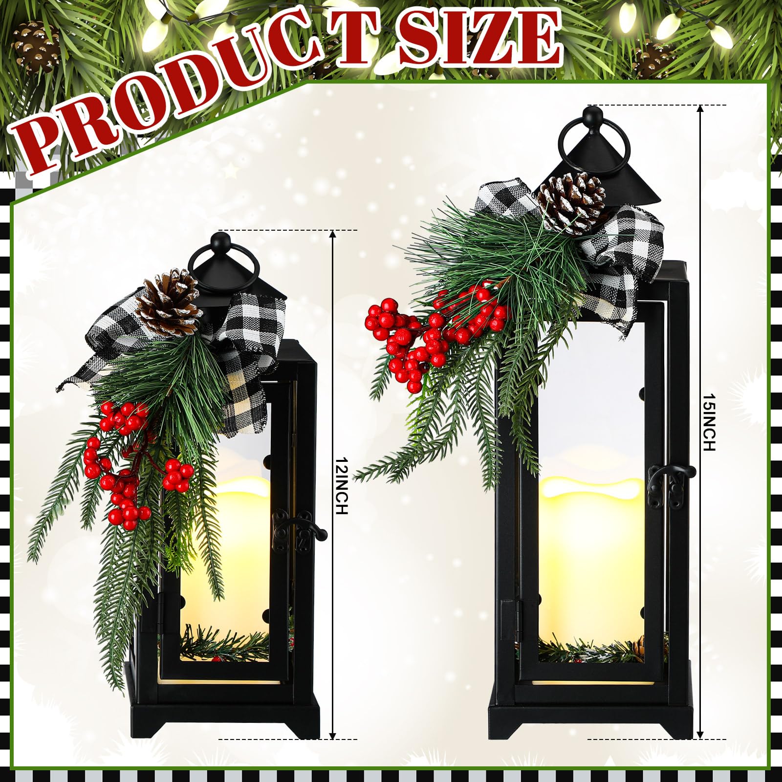 Baquler 2 faroles de metal de Navidad y velas falsas LED de 12 y 15 pulgadas, faroles decorativos con adorno de Navidad, faroles de porche, decoración interior al aire libre, regalo de fiesta (cuadros