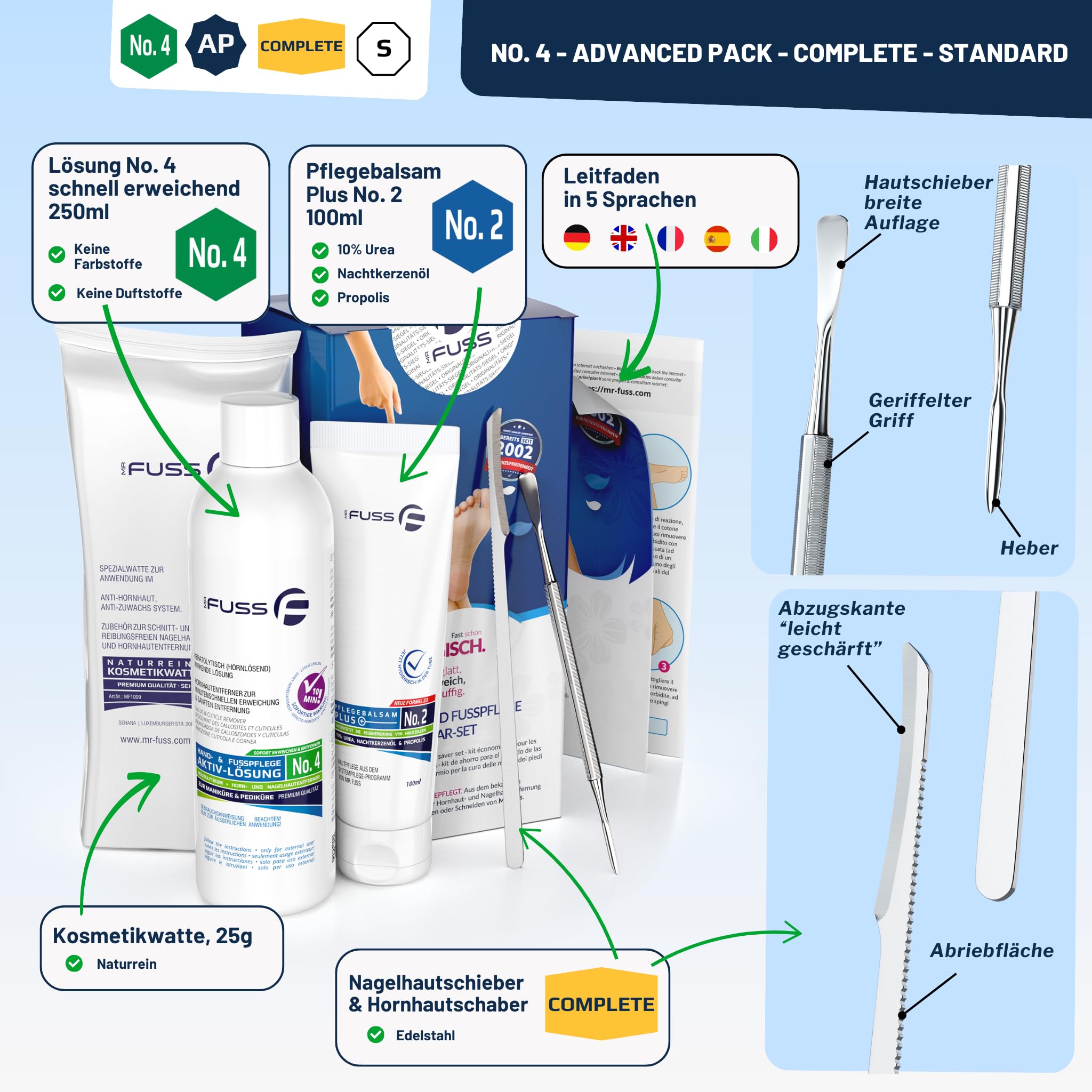 Mr. Fuss No. 4 Advanced Pack Complete, Hornhautentferner, Hornhaut Entfernen Fuß, Fußpflege, Fusspflege, Hornhautentferner Lösung, Fuß Hornhaut Entferner, Nagelhautentferner Flüssig, Anti Hornhaut
