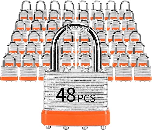 LQYN Candado laminado con llave (1-916 pulgadas, 1.575 in), cerraduras iguales con llave, aro naranja, grillete normal, paquete de 48, cerradura