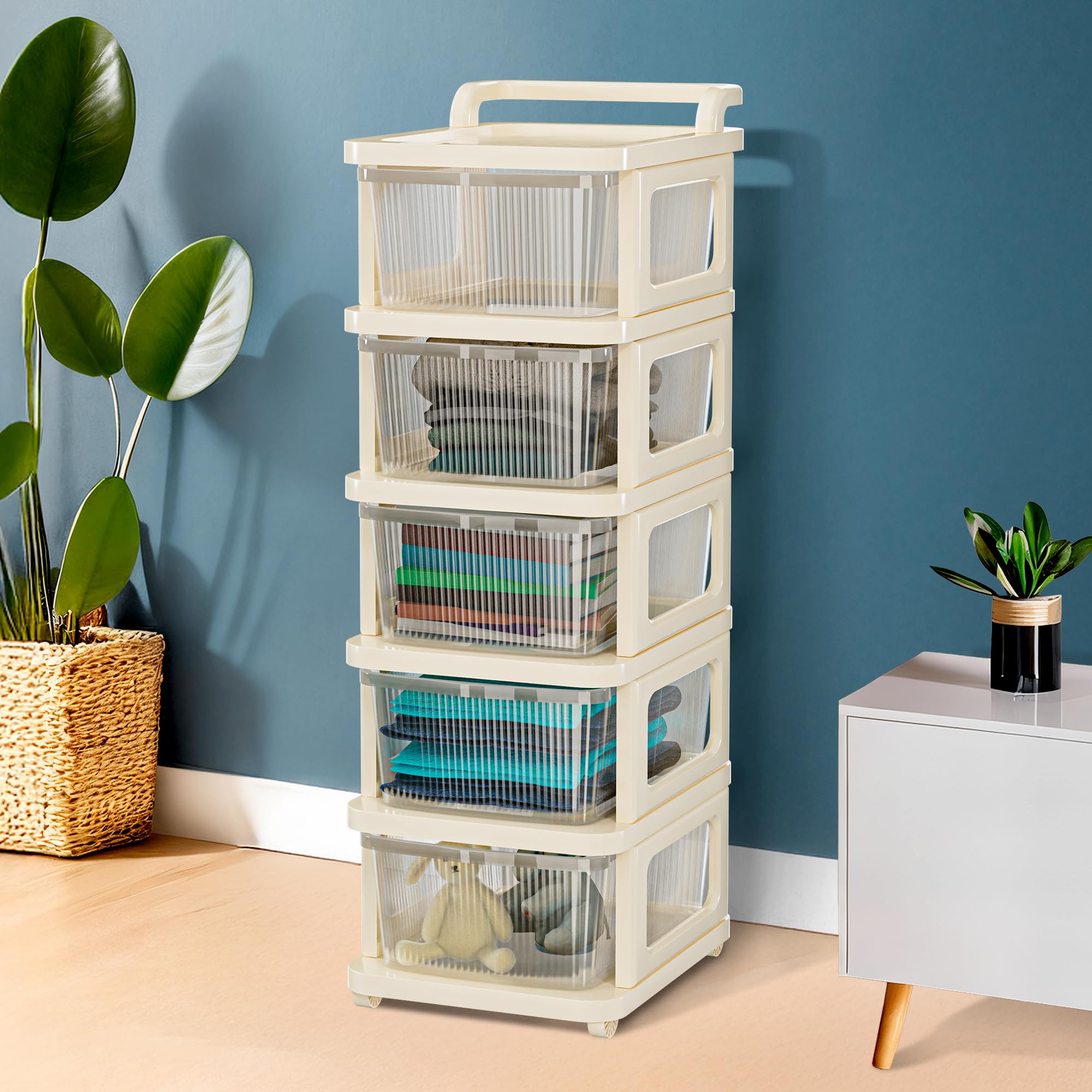 Kuber Industries 5 Layer Plastic Modular Storage Drawer Organizer with Wheels | Chest of Drawer Storage Box for Living Room, Office, School and Home | Toys Organiser for Kids Room | Transparent Ivory