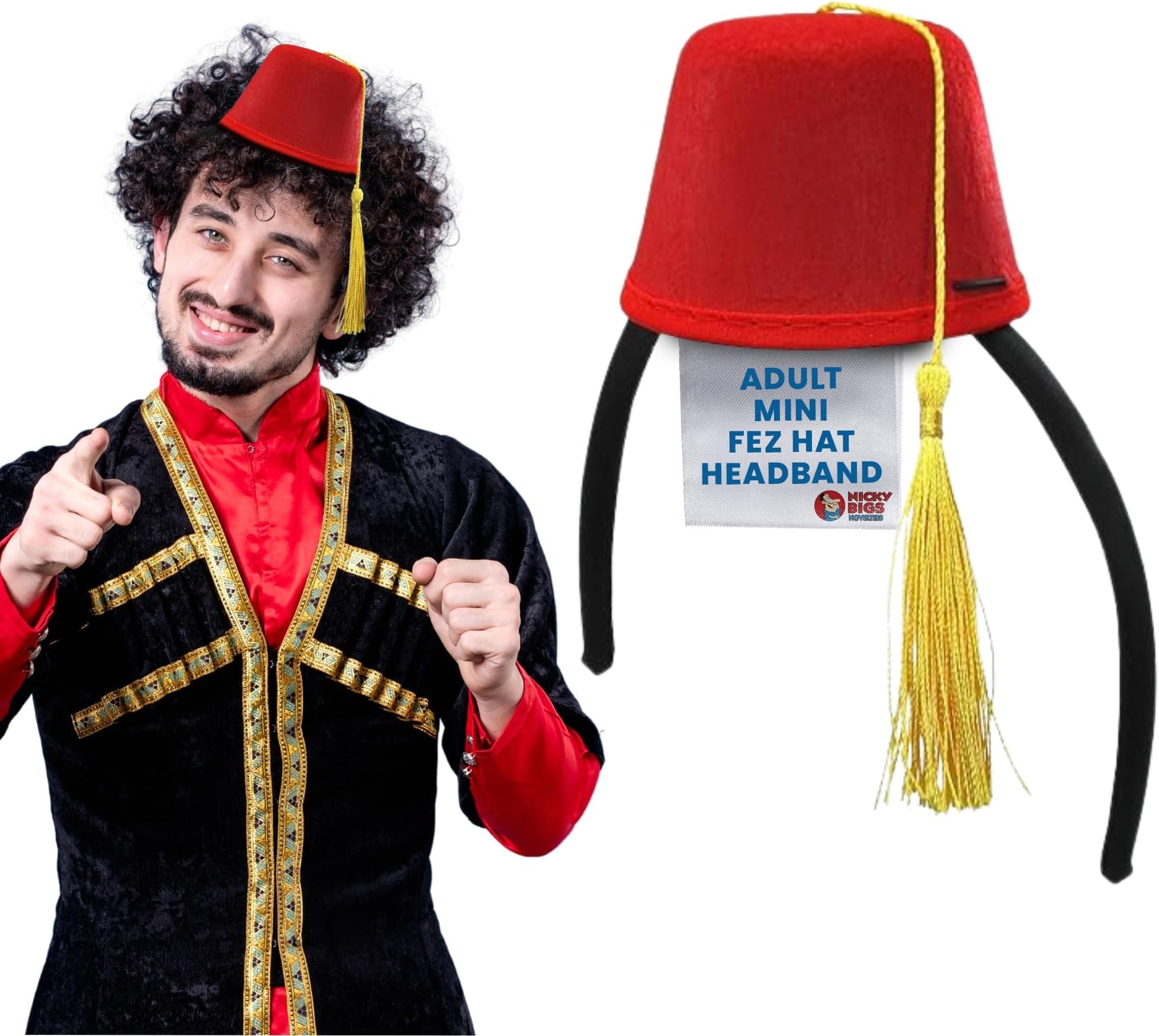 Nicky Bigs Novelties Adult Costume Accessory Mini Fez Hat Headband - Red Felt For Turkish Costumes, Bellhop Hat, Shriner Sultan Tarboosh Or Arabian One Size,