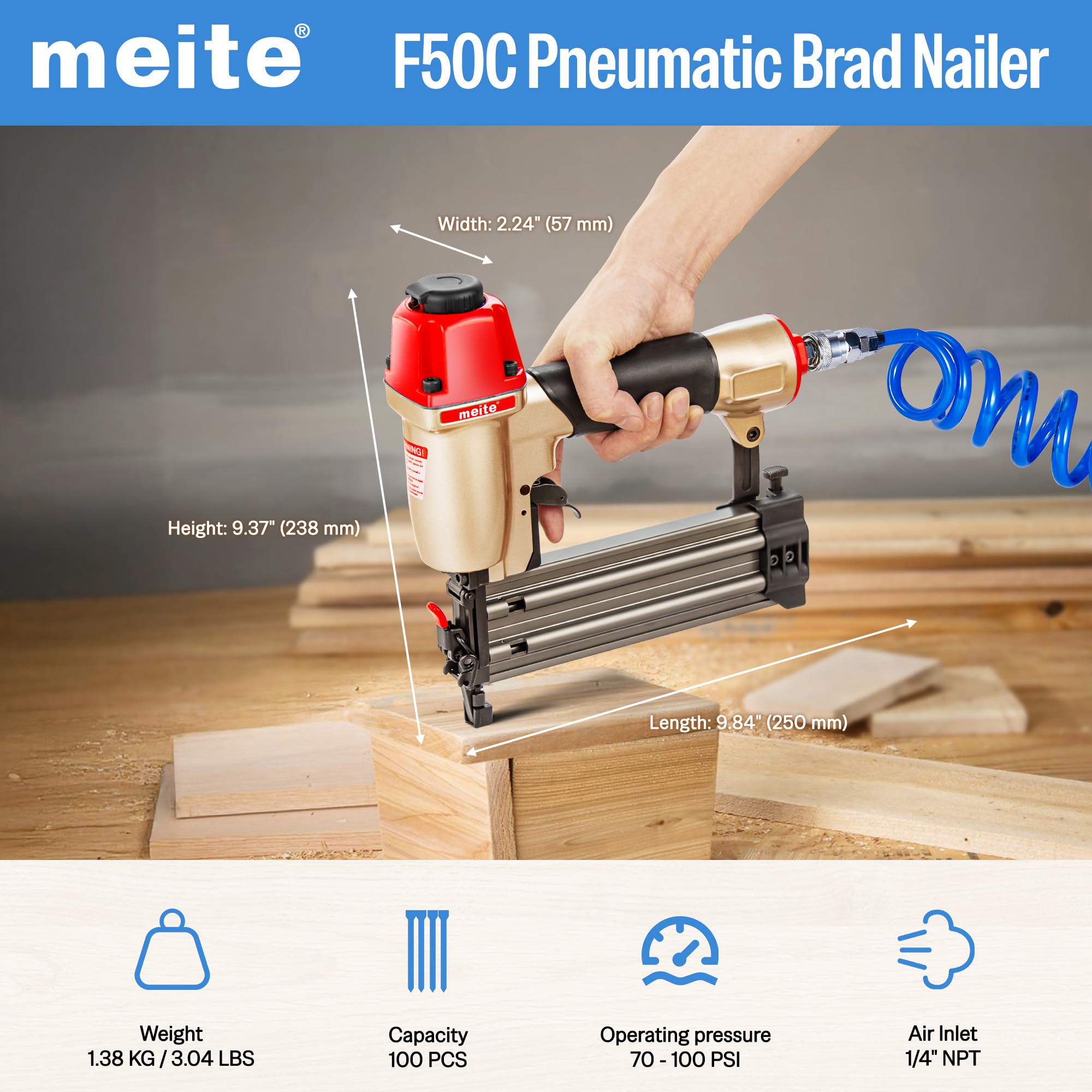 meite F50C Cloueuse Pneumatique 18GA avec Nez de Sécurité– Pour Clous Brad Type 18G de 15 à 50 mm – Cloueuse de Finition Pneumatique pour Menuiserie et Travaux de Précision