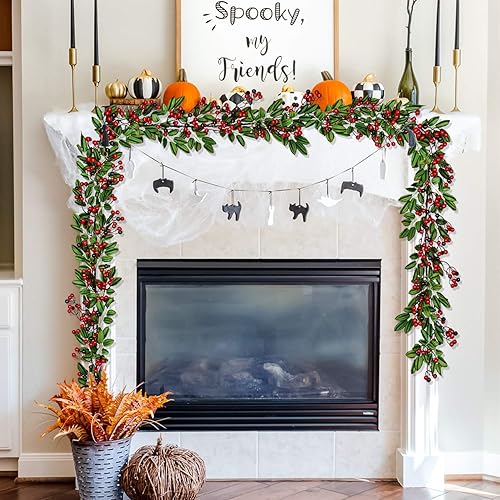 Miniatura 7 de Lvydec Guirnalda de bayas rojas para decoración navideña, guirnalda de vegetación artificial de 6 pies con bayas rojas y hojas verdes para