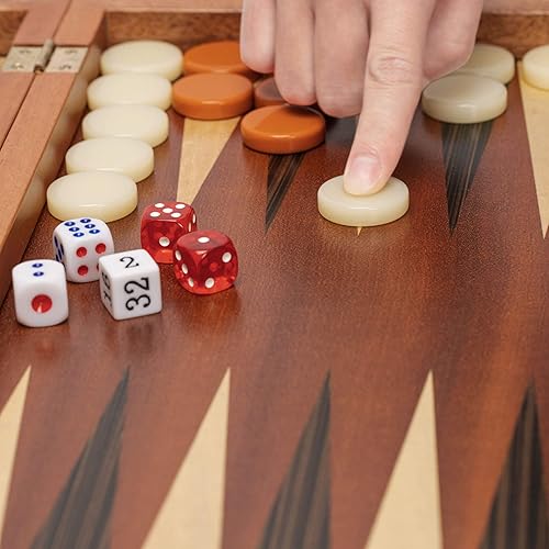 Miniatura 19 de Yellow Mountain Imports Pasadena - Juego de juego de backgammon con incrustaciones de madera, juego de mesa de estrategia clásico con piezas