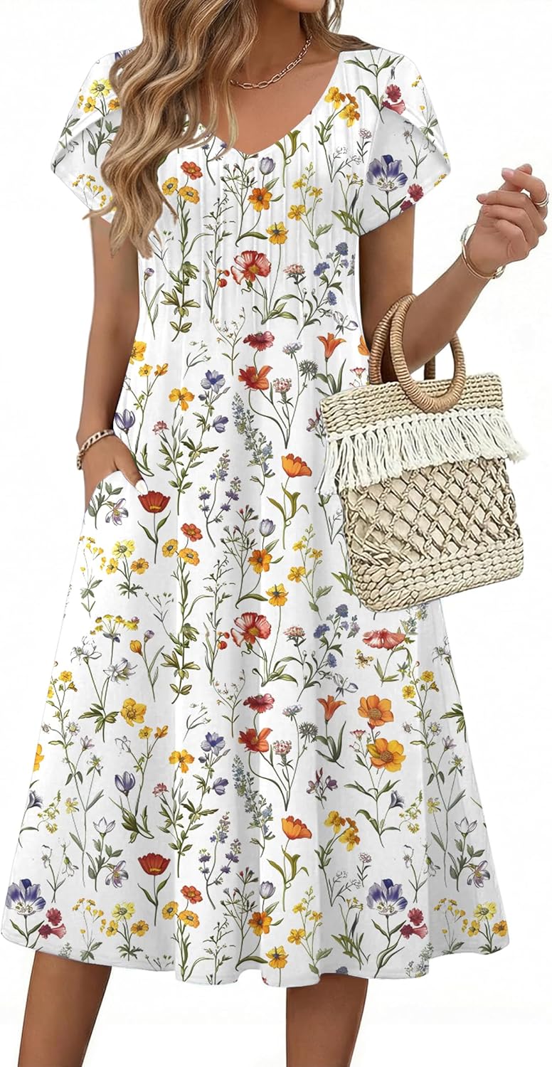 Zeagoo Womens Casual Summer Dress 2026 Short Sleeve Dresses Pleats Midi A Line Flowy Dress Boho Beach Sundress with Pockets