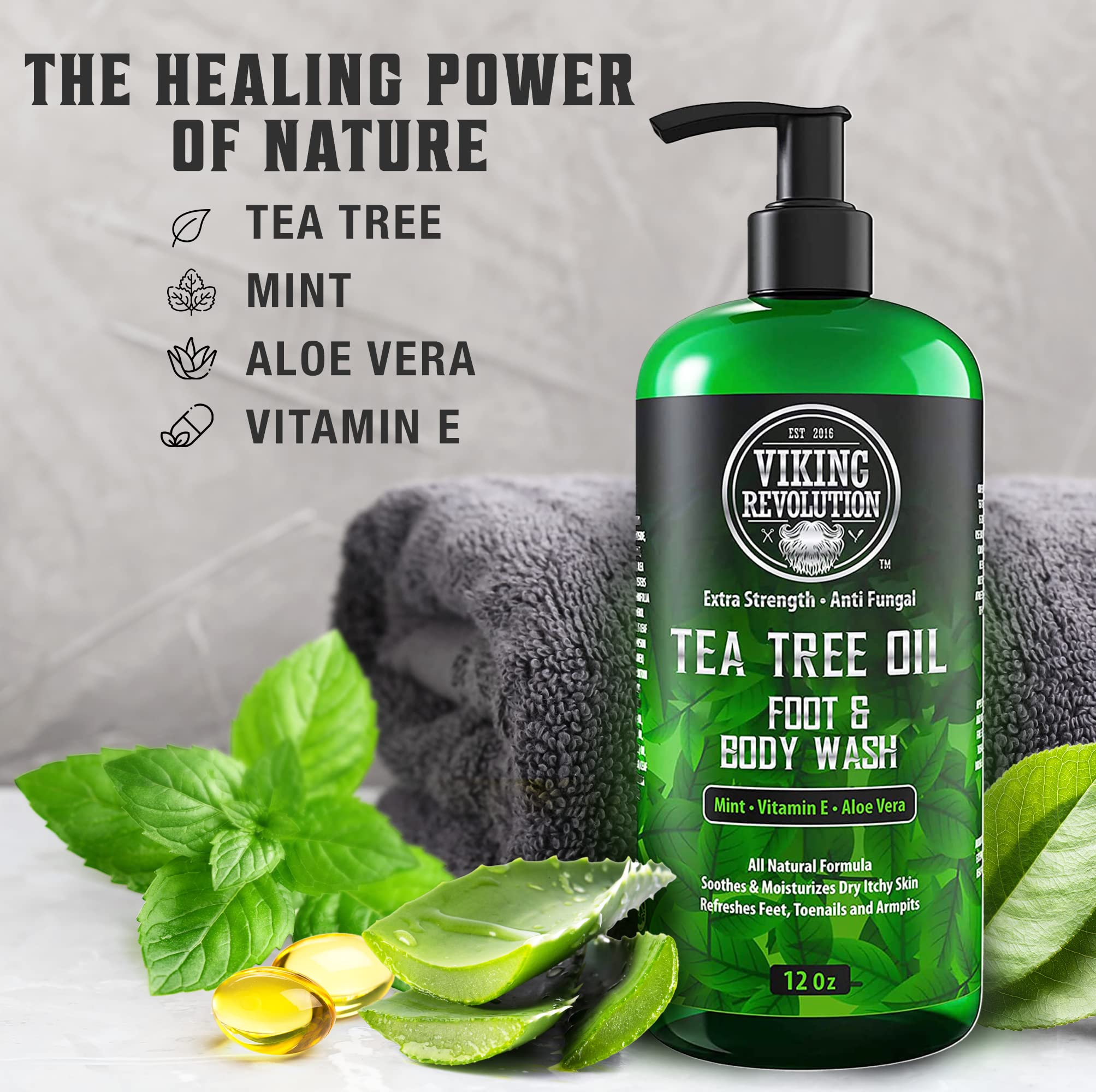 Viking Revolution Skin Cleaning Agent Tea Tree Kit for Men - Tea Tree Oil Set with Body Wash & Balm - Hydrating, Helps Athlete's Foot, Jock Itch, Eczema & Body Odors - Extra Strength, 2 Piece Set
