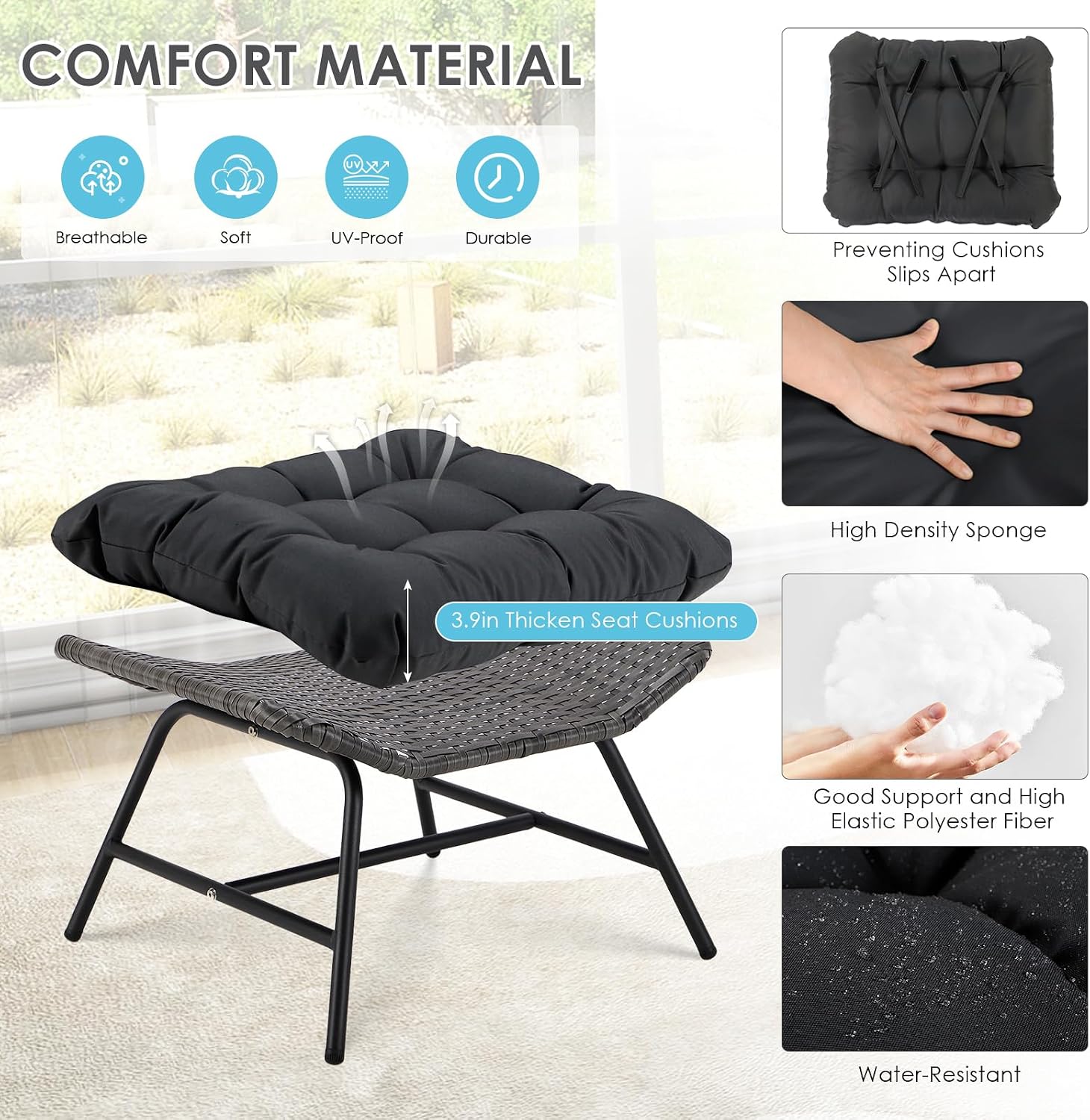 RADIATA Wicker Ottomans Set of 2, Outdoor Chair Footstool with Cushions, PE Rattan Ottoman for Patio Furniture, Detachable Metal Frame Foot Rest for Porch Living Room Bedroom Balcony Courtyard, Gray