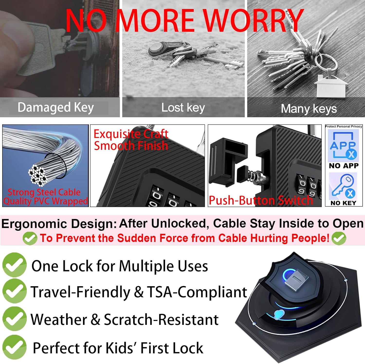 2-Pack Combination Padlock Secure, Gym Locker Lock with 3-Digit for Luggage Backpack Toolbox Cabinet Sport Storage Gate Hasp, Long Cable Latch for Travel Office, Back to School Essential