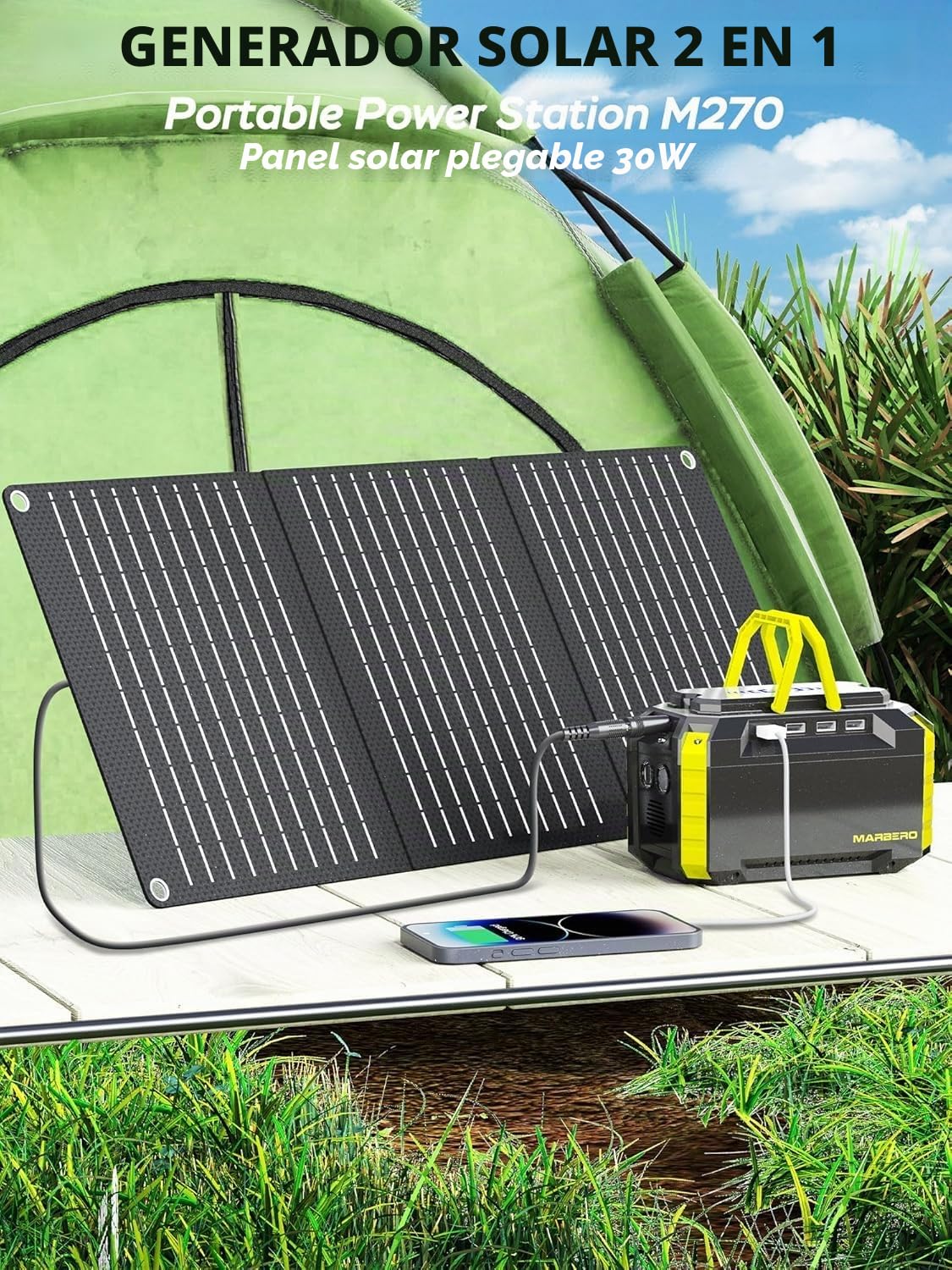MARBERO - Generador solar de 150 W con panel solar incluido, alimentación para camping, 150 Wh con panel plegable de 30 W para exteriores, autocaravana, pesca, emergencia