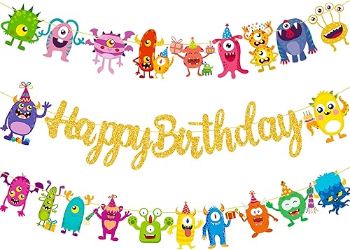 Miniatura 2 de Cartel de monstruo de feliz cumpleaños, suministros de fiesta de cumpleaños con purpurina para niños, tema de monstruo pequeño, baby shower,