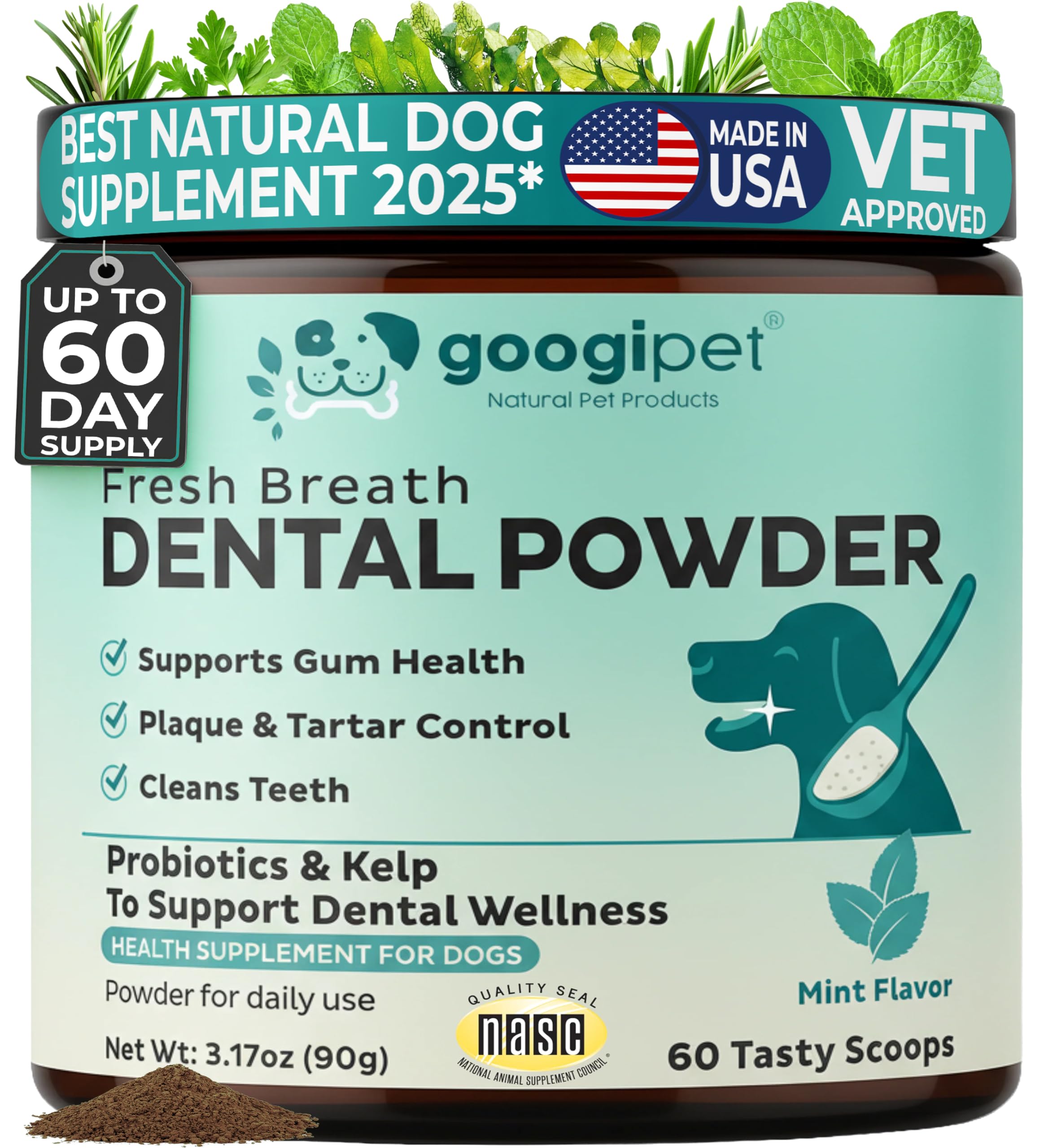 Googipet Dental Powder for Dogs Teeth Cleaning - Dog Dental Powder Breath Freshener & Plaque Remover - Tartar Remover for Dogs & Dog Breath Freshener Plaque Off W/Kelp, Parsley, Rosemary, & Mint