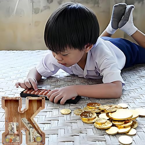 Miniatura 6 de Alcancía grande para niños y niñas, alcancía de madera personalizada con diseño recortado, bancos de monedas de letras del alfabeto, caja de ahorro