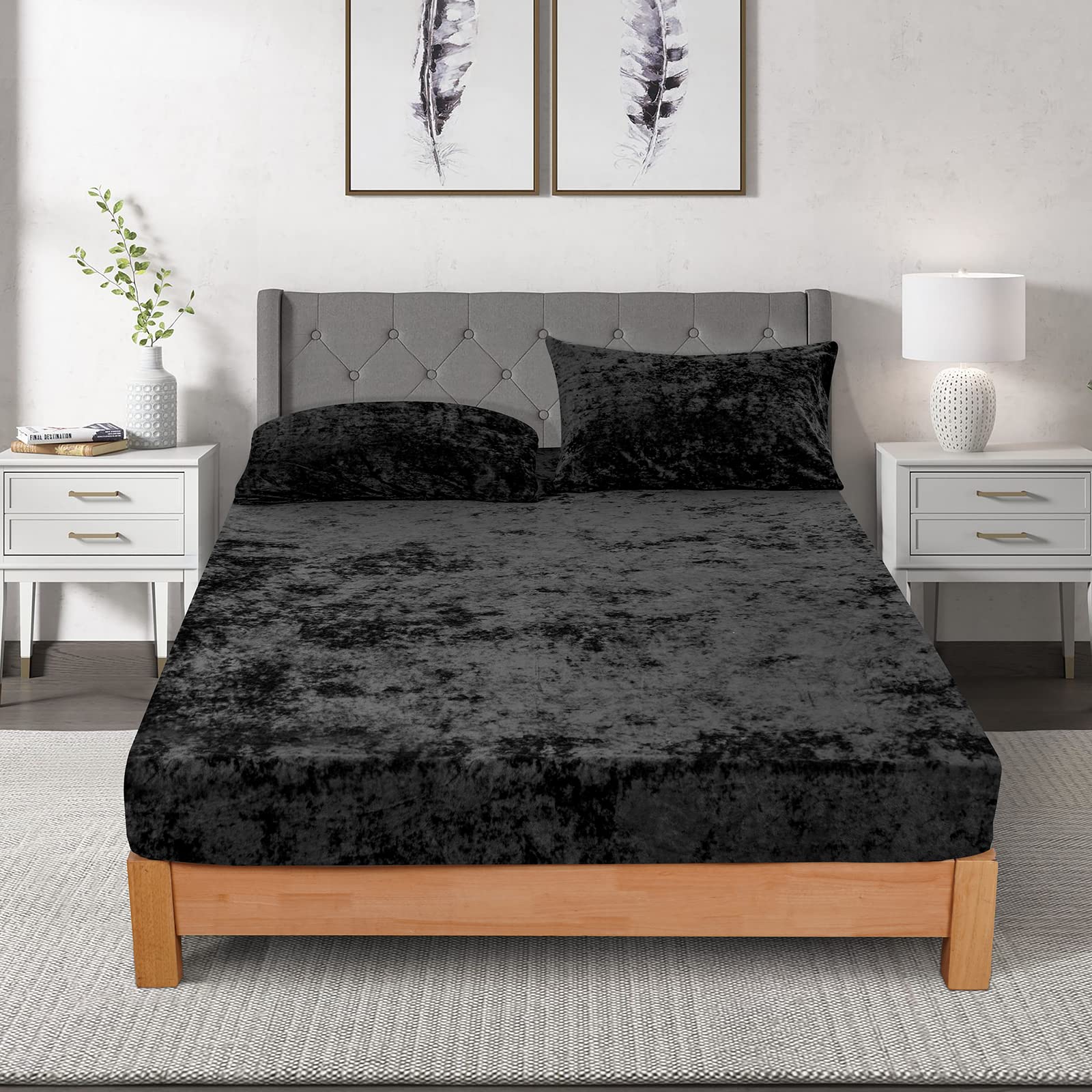 Truly Velvet Fitted Sheet King Size, 1 Pack Luxury Super Soft Cozy Comfy Flannel Bottom Sheet with 15" Deep Pocket,Suitable for Fall Winter and Spring, No Pillowcases, Black