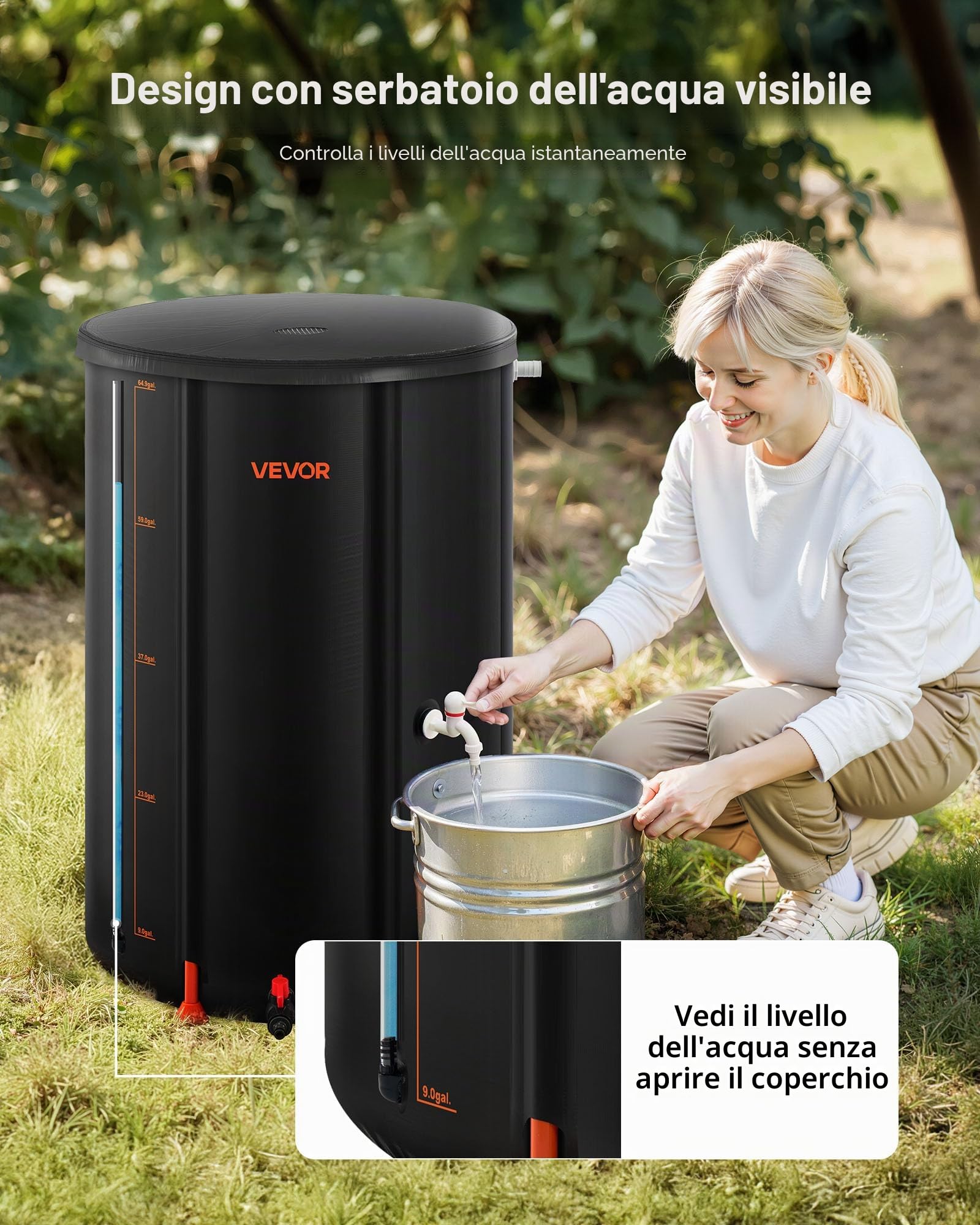 VEVOR Barile di Raccolta dell'Acqua Piovana Pieghevole, da 250 L, Sistema di Raccolta dell'Acqua Piovana, Contenitore Resistente alla Pioggia da Giardino con Rubinetto e Kit di Troppo Pieno, Nero