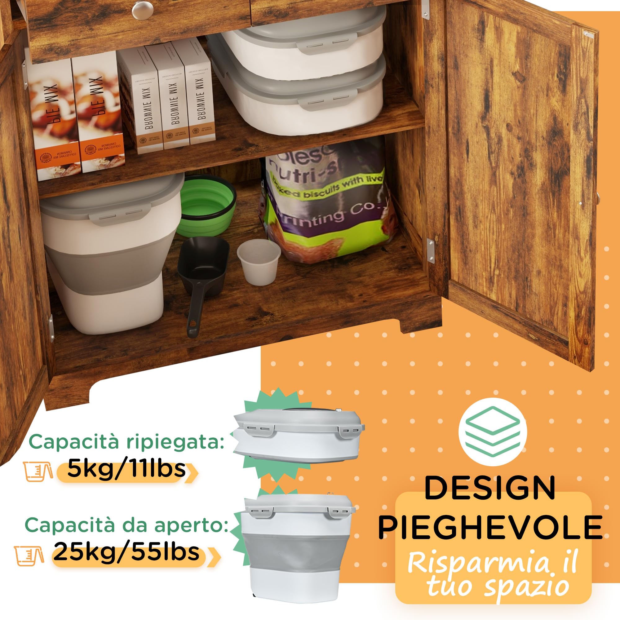 PawHut Porta Crocchette Cani Capacità 5-25L con Chiusura Ermetica e Box Deumidificante, Contenitore Cibo Cani in PP e TPE, 44x32x37 cm, Grigio