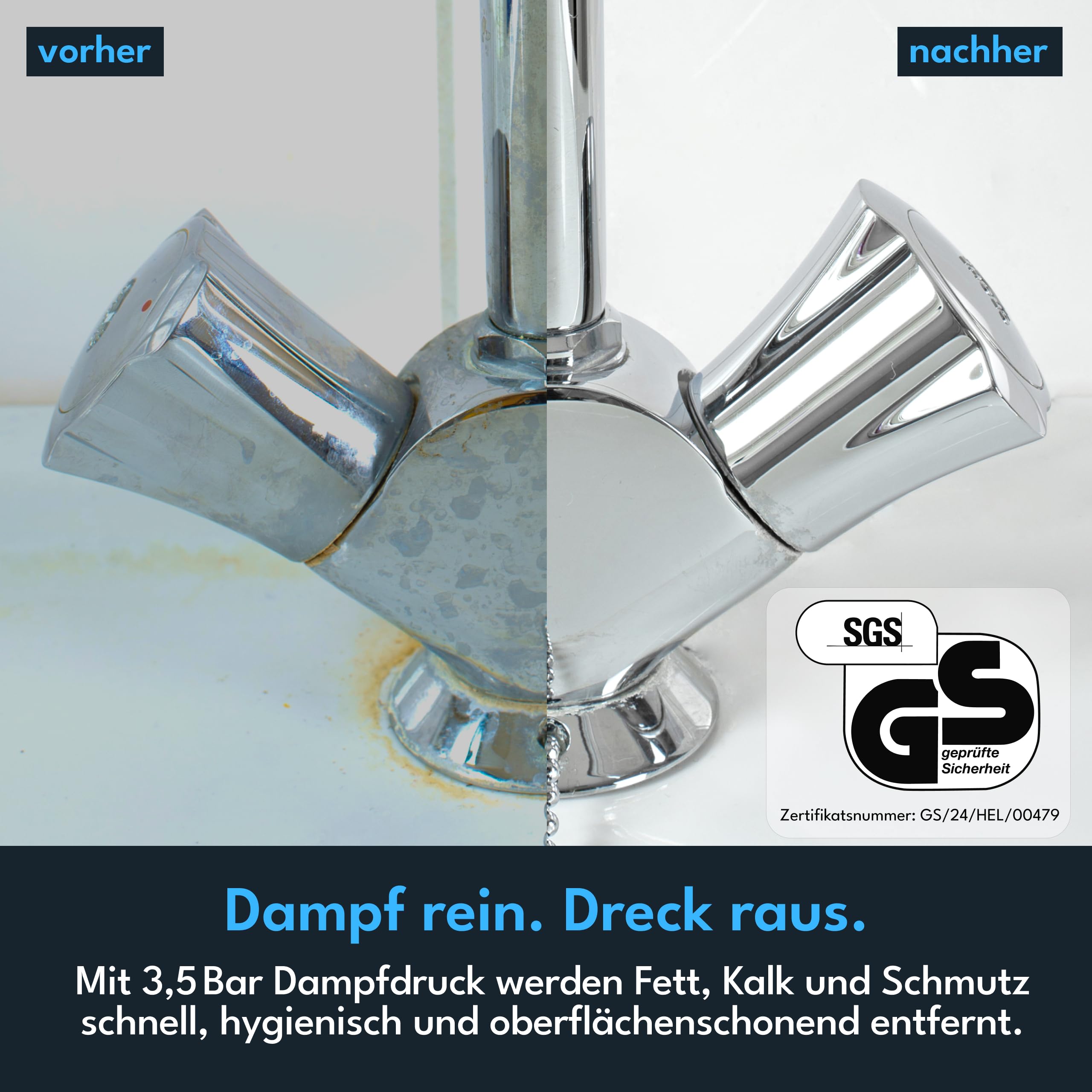 LEBENLANG Elektrischer Dampfreiniger Handgerät - 3,5 Bar & 1000W I 12x Zubehör I Steam Cleaner für alles I Damfreınıger für Fliesen und Fugen & Bad Auto Fenster Heißluft Dampf Reiniger Fugenreiniger