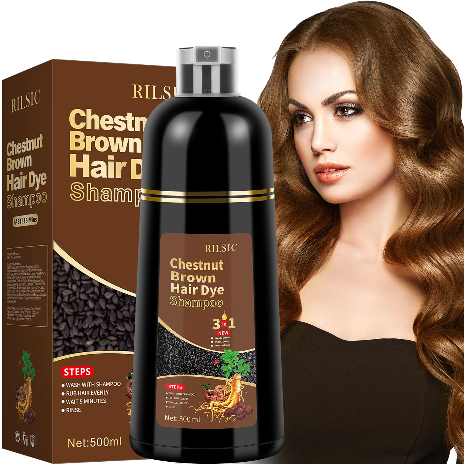 500ML Hair Dye Shampoo 3 in 1 for Grey Hair Coverage, Instant Hair