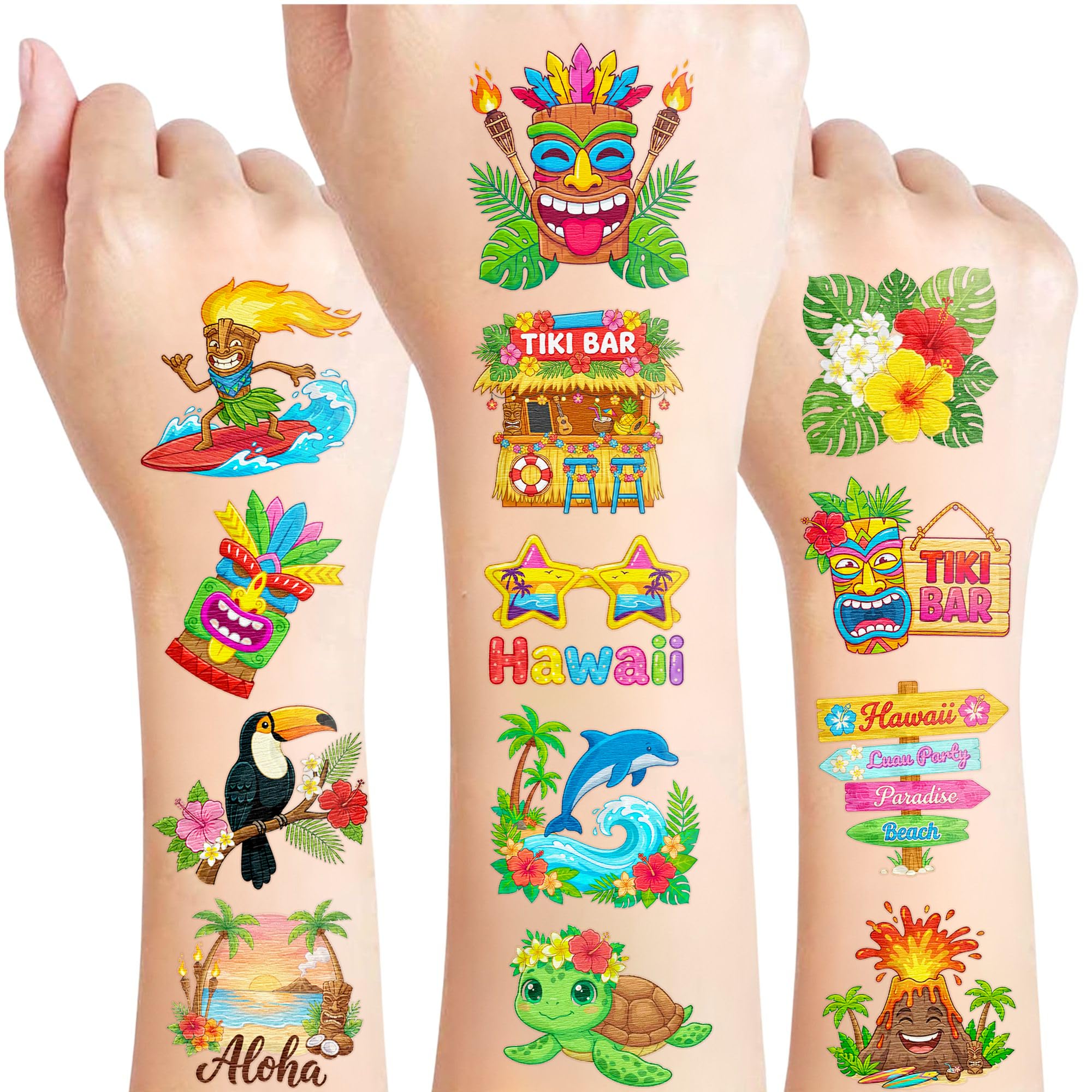96 PCS Hawaii Luau Temporary Tattoos For Kids, Summer Party Favors