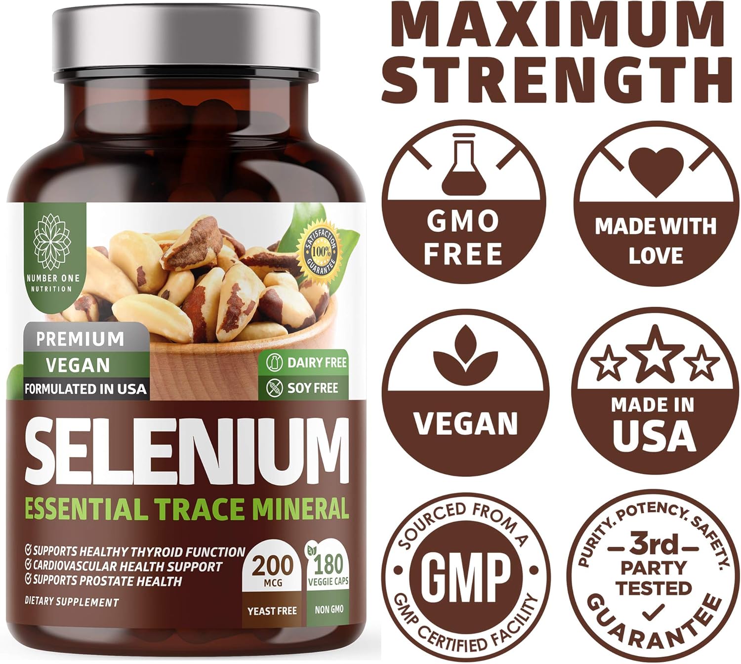 N1N Premium Pure Selenium [200MCG, Max Absorption] Essential Trace Mineral to Support Immunity, Heart, Thyroid and Prostate Health, 180 Veg Caps : Health & Household