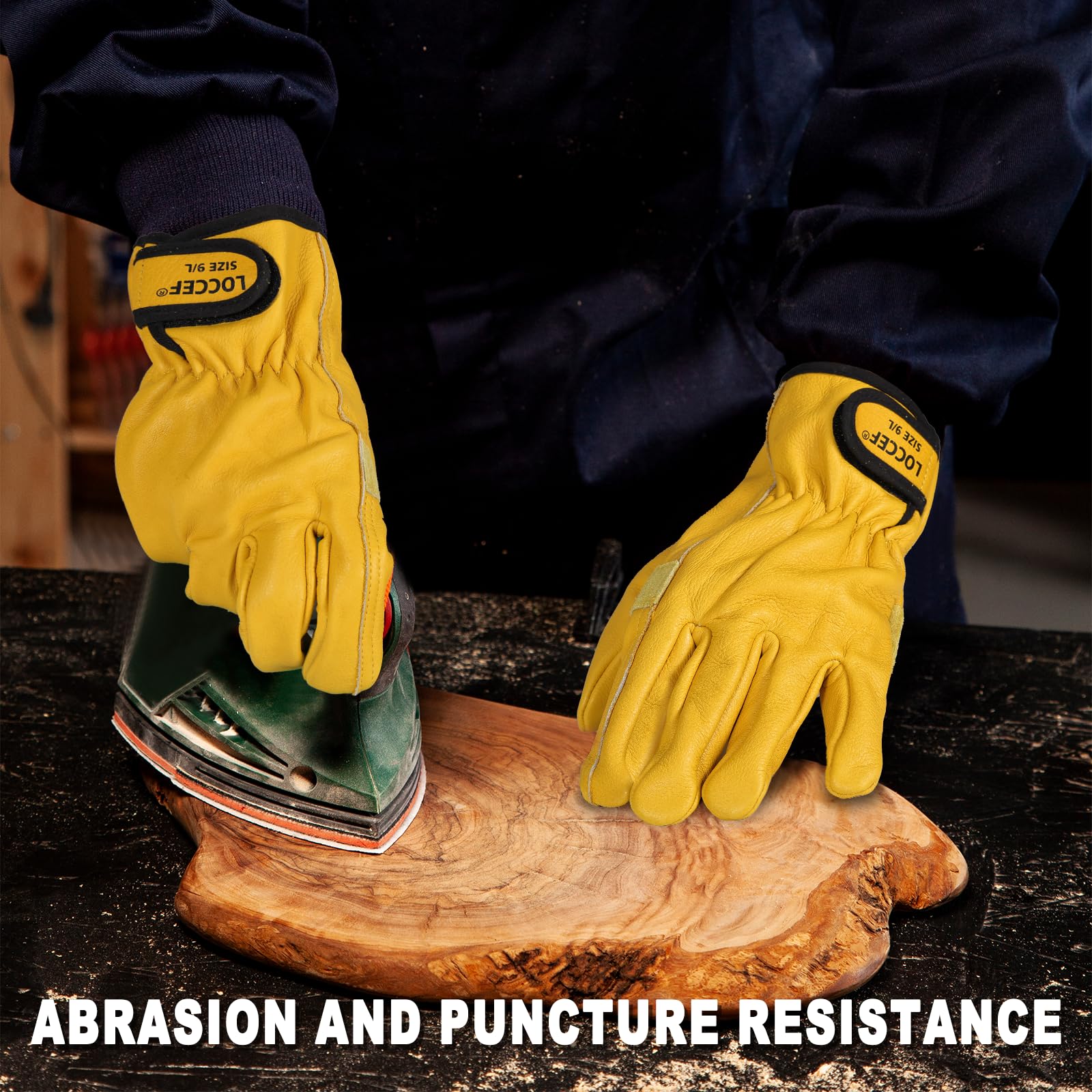 LOCCEF 2 pares de guantes de trabajo de cuero para hombres y mujeres, guantes de cuero vacuno, guantes de trabajo utilitarios (amarillo, 11/XXL)