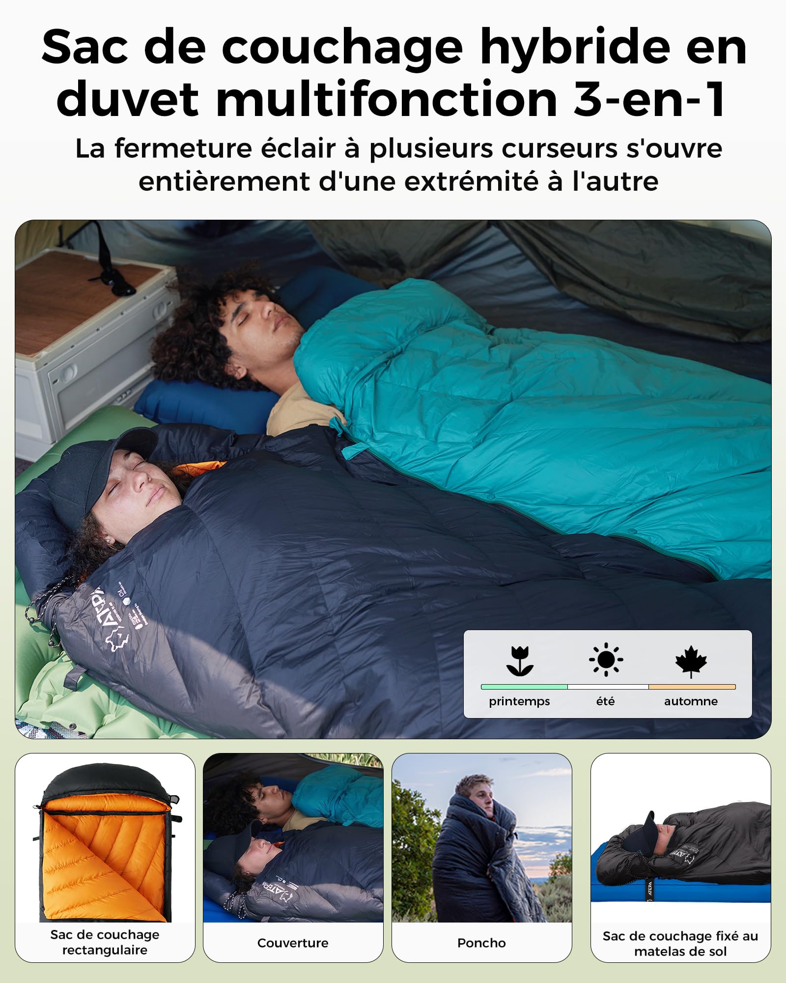 ATEPA Sac de couchage en duvet, sac de couchage d'extérieur avec duvet 600 FP, imperméable, sac de couchage pour 4 saisons, idéal pour les adultes pour le camping, les voyages et les aventures