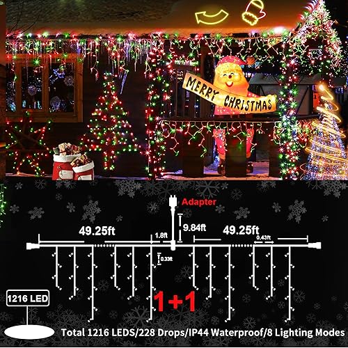 Vista 149 de KNONEW 164 pies 1600 luces LED de Navidad decoración al aire libre, temporizador blanco, 8 modos de luces colgantes con 320 gotas, enchufe en Blanco