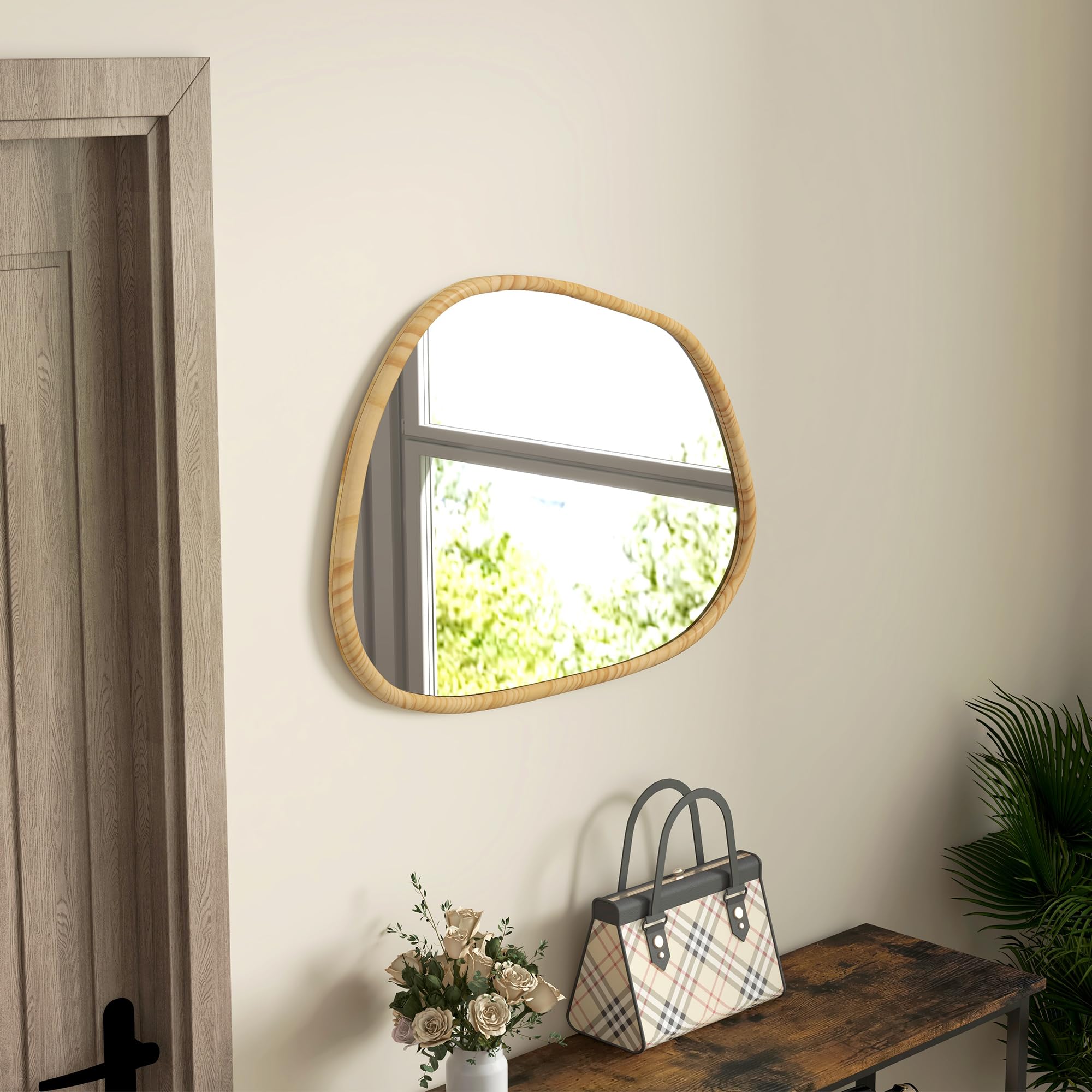 HOMCOM Espejo de Pared Decorativo 70x50 cm Espejo de Baño con Forma Irregular y Marco de Madera para Salón Entrada Pasillo Horizontal o Vertical Natural