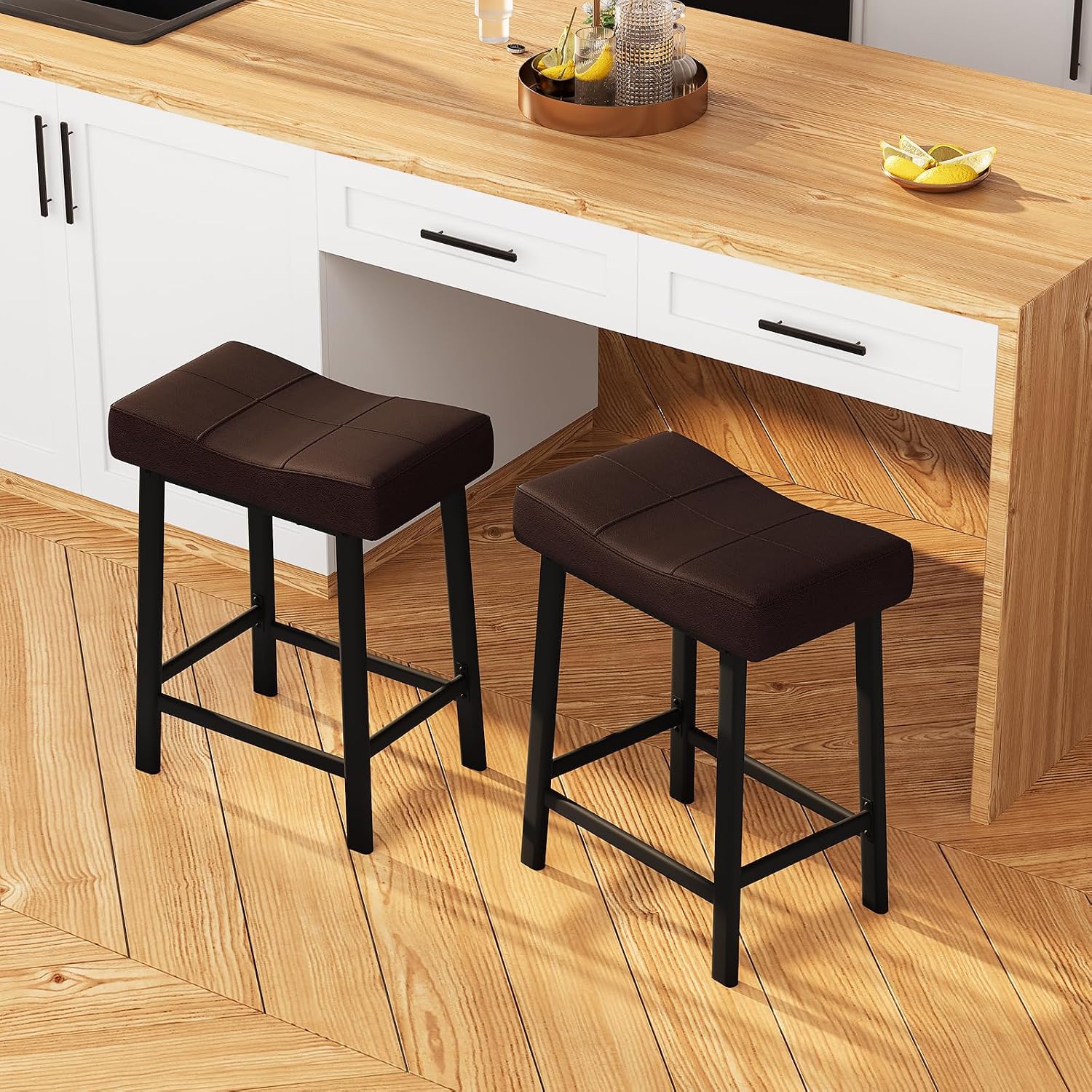 Takywep Counter Height Bar Stool Set of 2, 24 Inch Modern Upholstered Barstools for Kitchen Island, Padded Saddle Seat with Curved Cushion, Metal Base, Easy Assembly, Brown