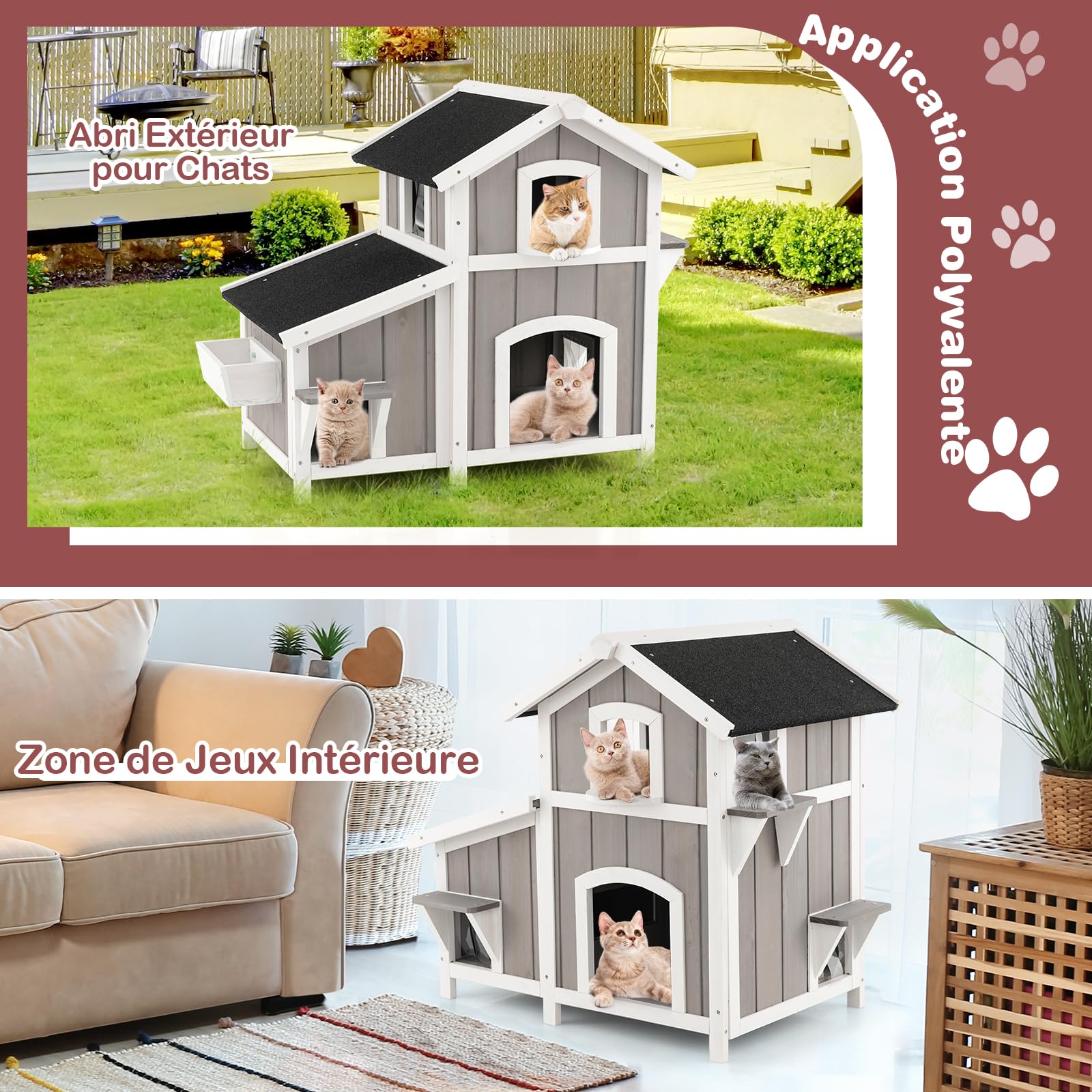 GYMAX Maison pour Chats à 2 Étages, Structure Robuste en Bois Sapin, Toit en Bitumé Imperméable, Fenêtre, Balcon, 2 Plates-Formes de Saut, Niche pour Animaux, pour Intérieur et Extérieur