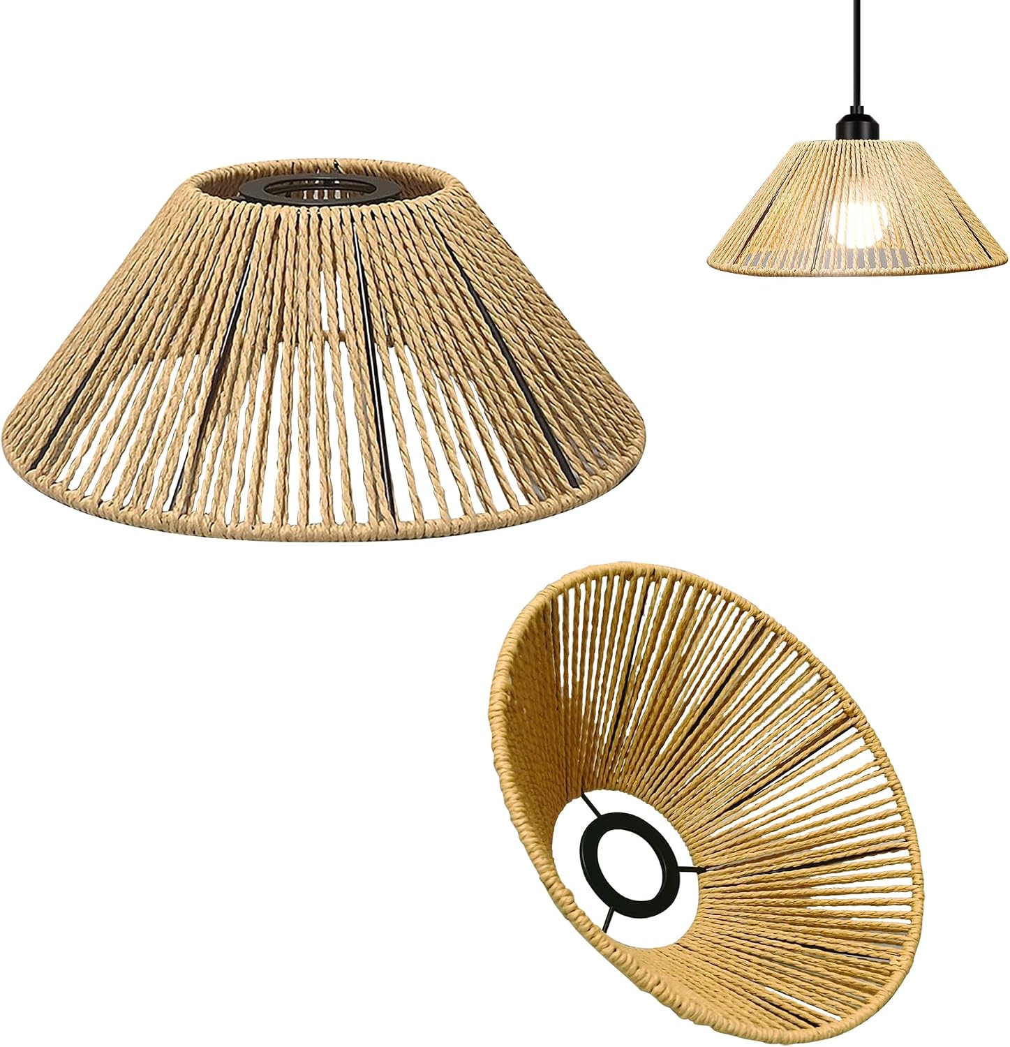 2-Packs 9.4" Brown Industrial Metal Lamp Shade Replacement, Twine Natural Bohemian Hollow-carved Designed Rattan Vintage Cover, DIY for Torchiere Pendants Table, Swag Lamp