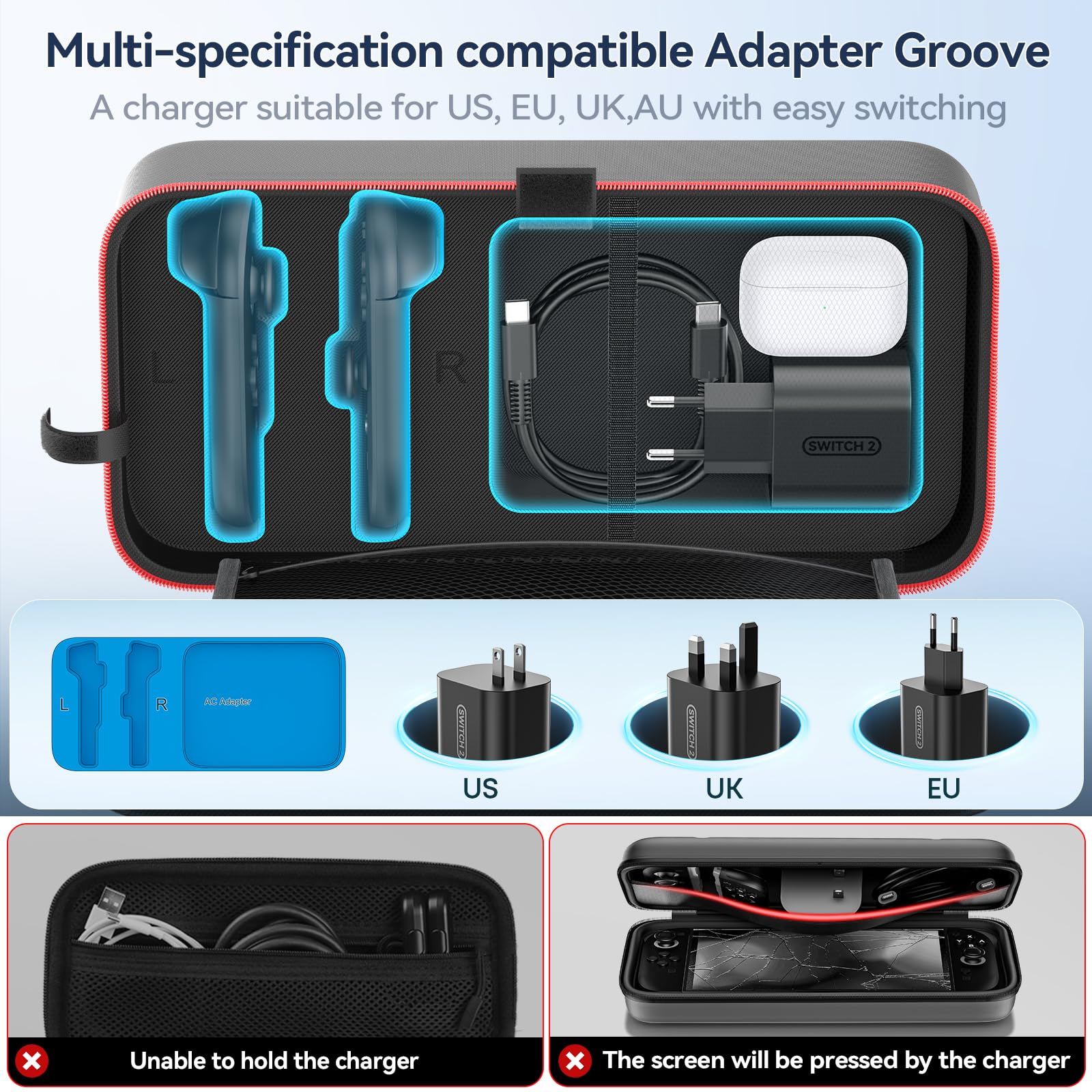 Custodia per Nintendo Switch 2025, Custodia da Viaggio Portatile per Switch 2/OLED/Original con Cinturino in Rete per Organizzare i Cavi, Case Switch 2 Rigida per Joy-Con 2 con 26 Slot Gioco, Rosso - 2