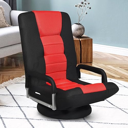 Miniatura 9 de KOMFOTT Silla de suelo para juegos, silla giratoria de 360 con respaldo ajustable de 6 posiciones, reposabrazos, soporte lumbar, sillas plegables