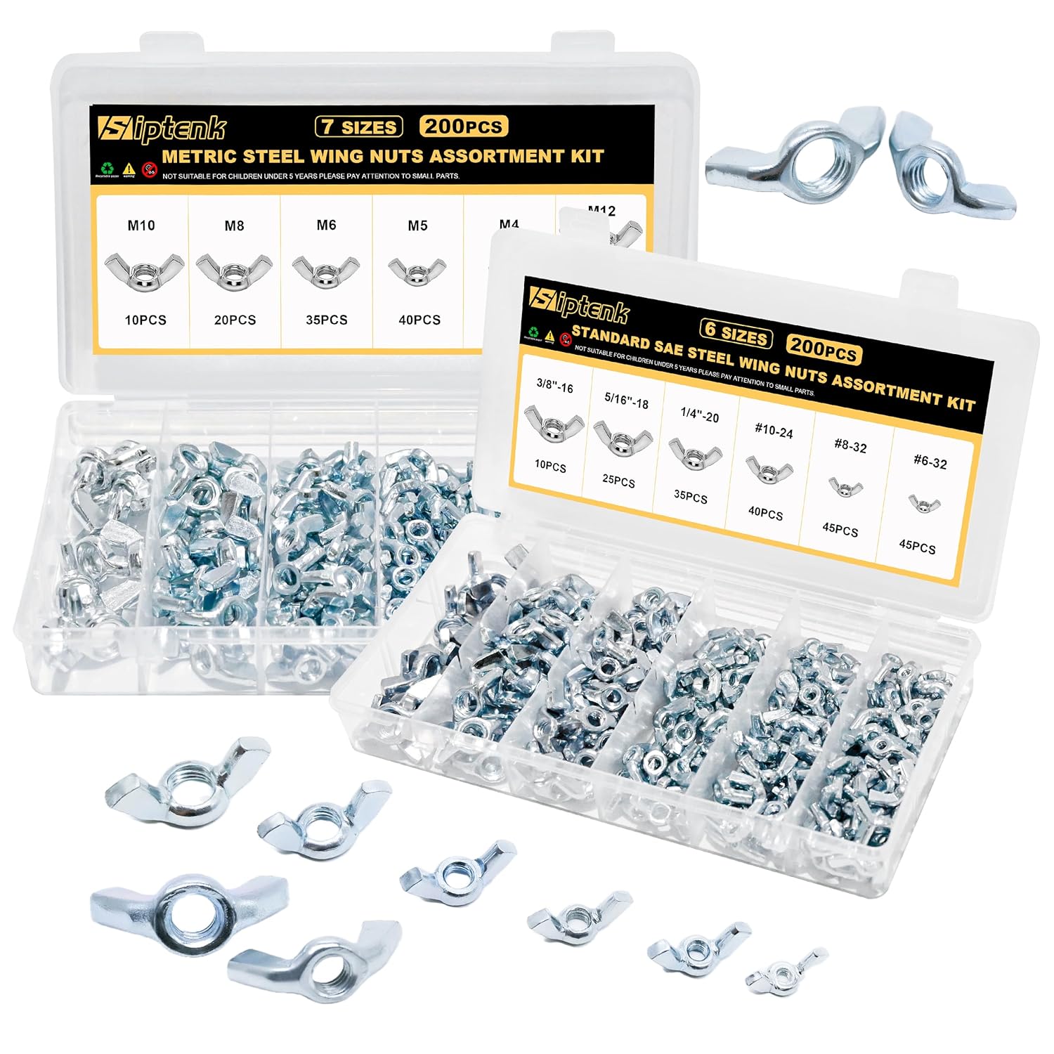 Siptenk Wing Nuts 400PCS, Metric & SAE Wingnuts 13 Assorted Sizes Carbon Steel Zinc Plated Butterfly Wing Nut M3-M12 6-32 to 3/8"-16 Fasteners Hardware Assortment Kit