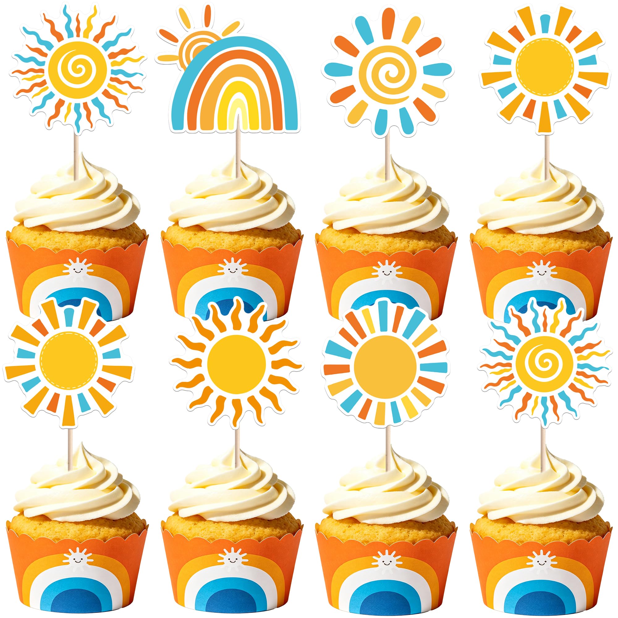 Xsstarmi 36 Pack Sunshine Rainbow Cupcake Toppers Here Comes The Sun Cupcake Picks for Baby Shower Birthday Party Cake Decorations Supplies