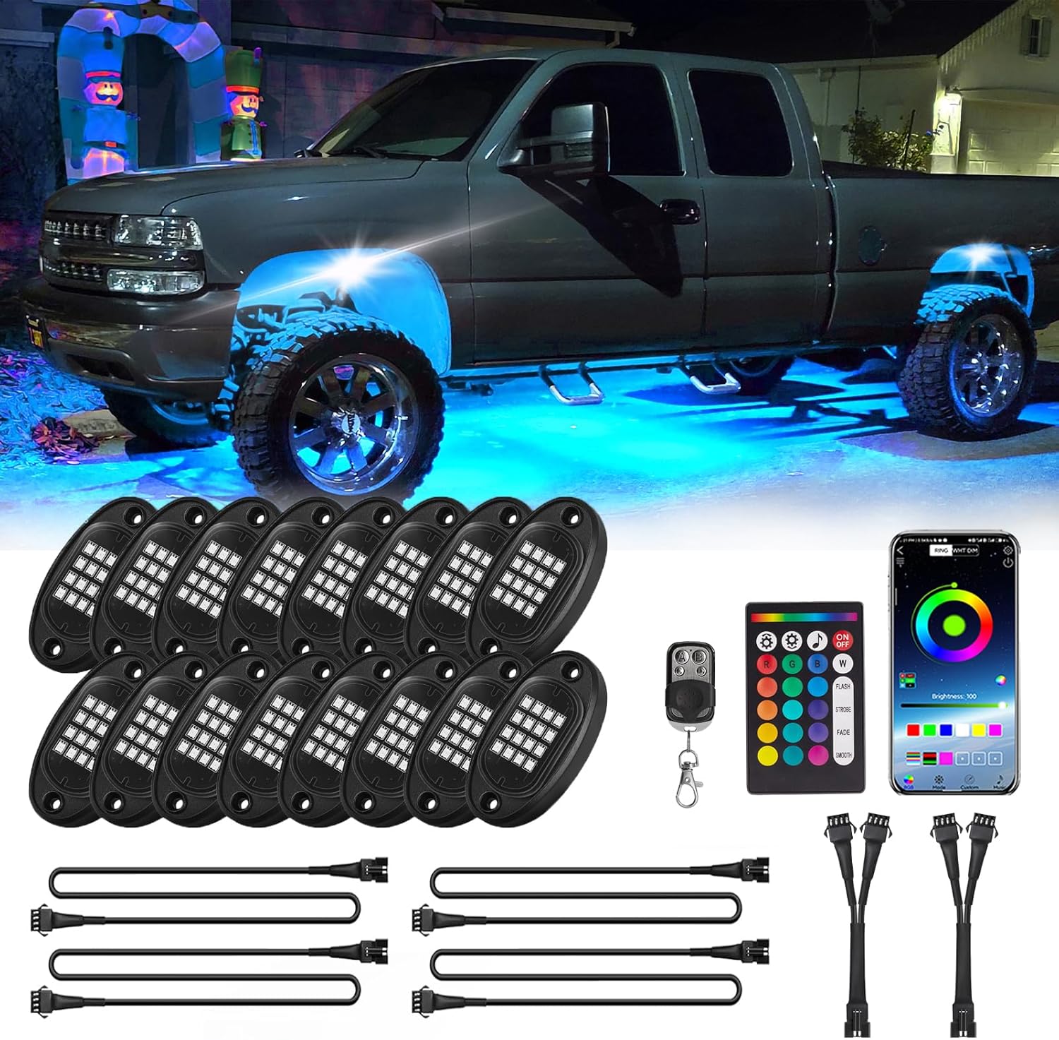 16 Pods RGB LED Rock Lights Kit and 4Pcs 4PIN 47 inch Extension Wire Cords Set, Waterproof Multicolor Underglow Kit with APP/RF Remote Control for Truck Golf Cart ATV UTV RZR SUV Offroad Pickup
